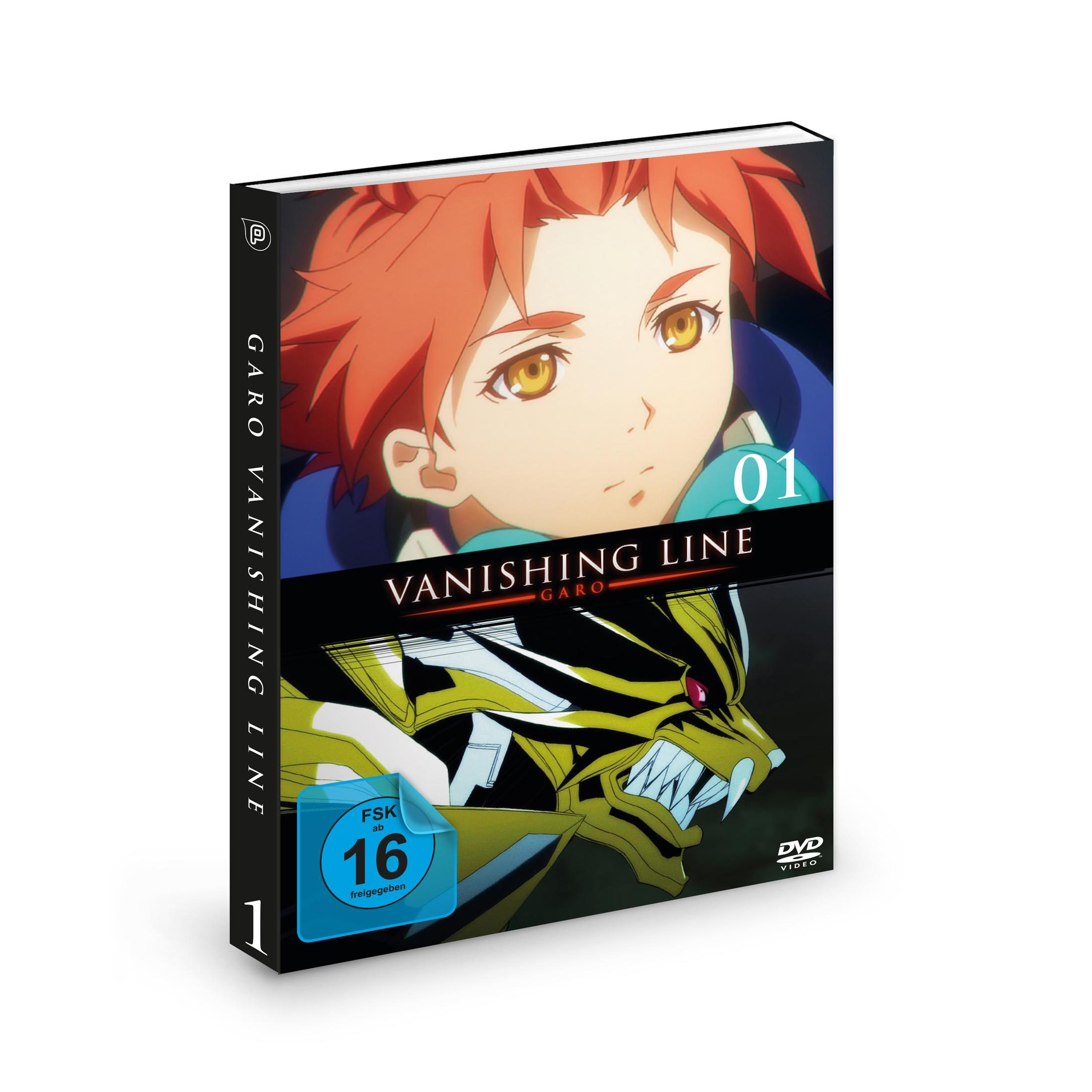 DVD-Hülle von Garo Vanishing Line Vol. 1 mit Anime-Charakter und gelbem Monster.