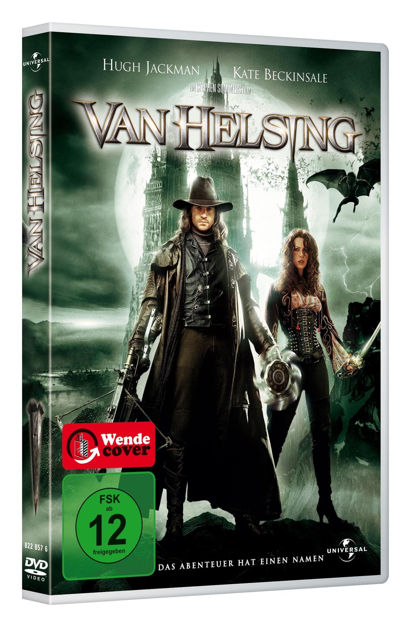 DVD-Cover von Van Helsing mit Hugh Jackman und Kate Beckinsale vor einem Schloss bei Vollmond.