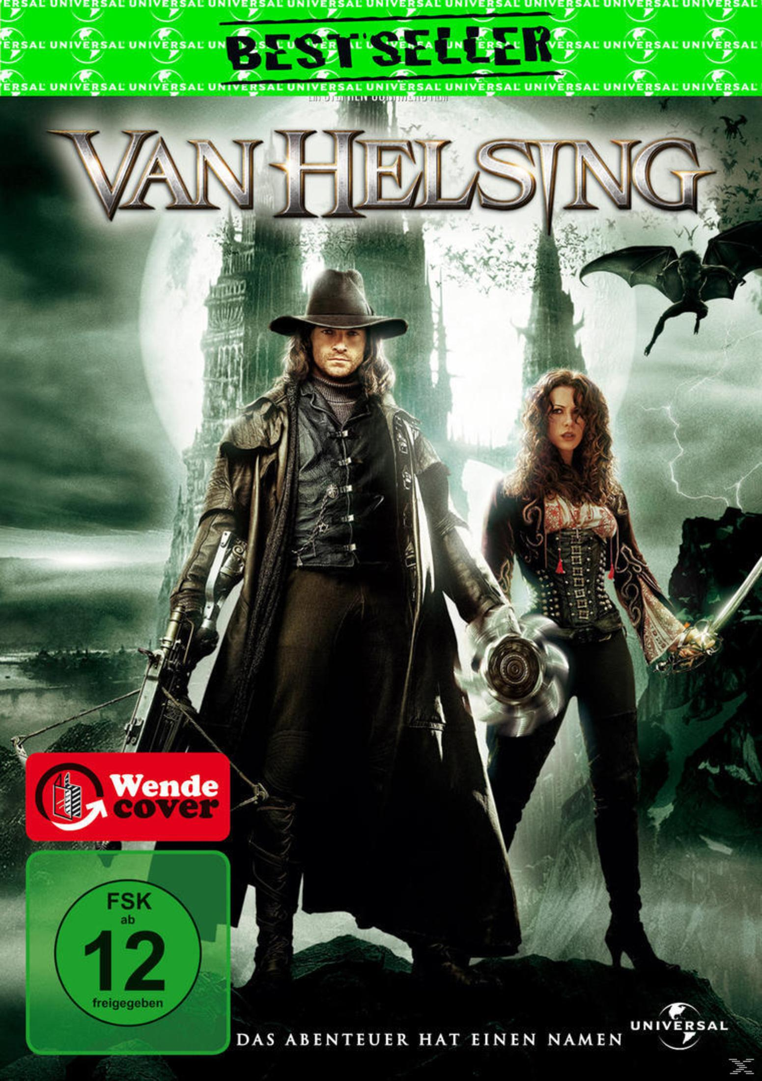 Van-Helsing-Filmposter mit einem Mann mit Armbrust und einer Frau mit Schwert vor einem dunklen Schloss.