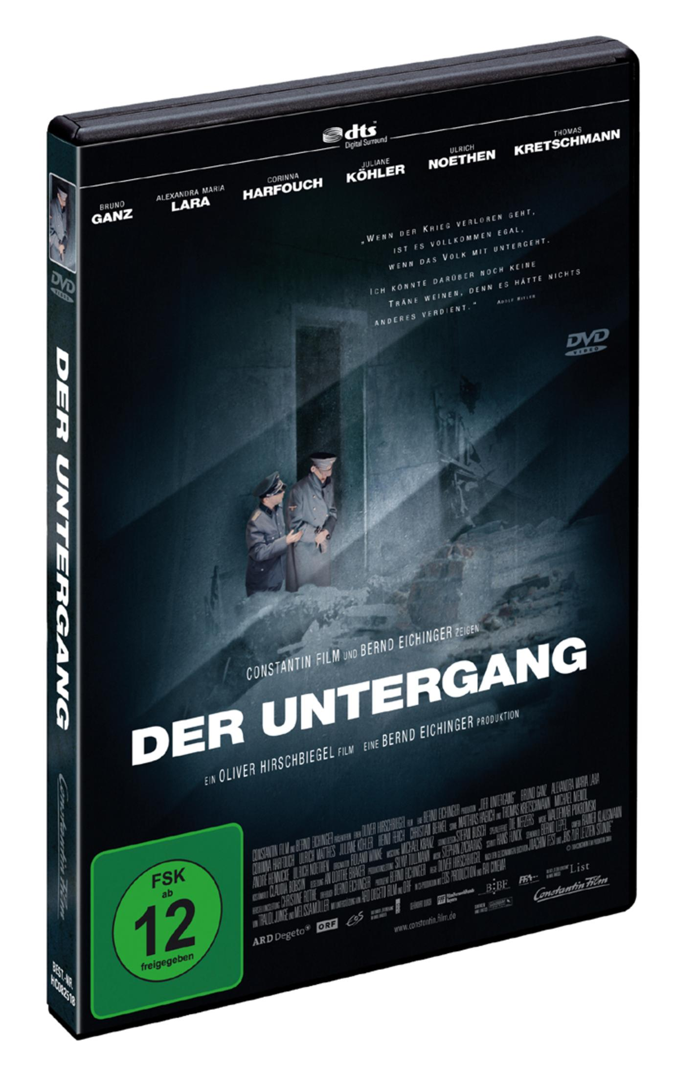 DVD-Hülle des Films 'Der Untergang' mit zwei Offizieren vor zerstörter Kulisse und FSK-12-Logo.