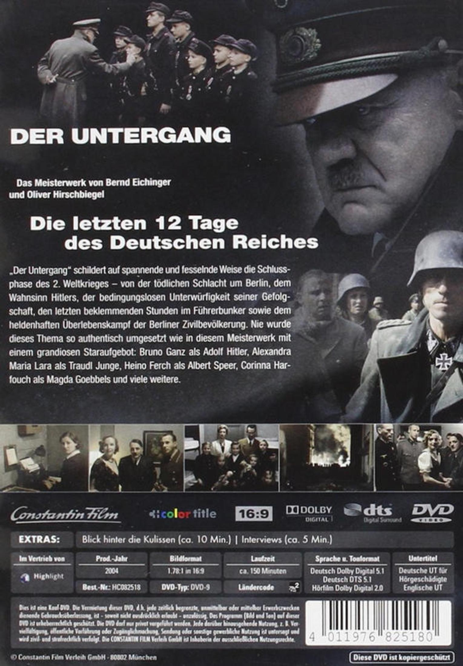 DVD-Hülle des Films Der Untergang mit Adolf Hitler, Soldaten und Szenenbildern.