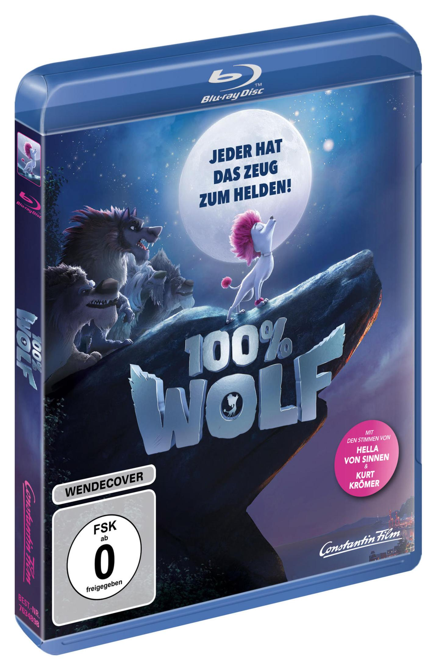 Blu-ray-Hülle des Animationsfilms 100% Wolf, mit einem rosa Pudel und Wölfen auf einem Felsen vor Vollmond.