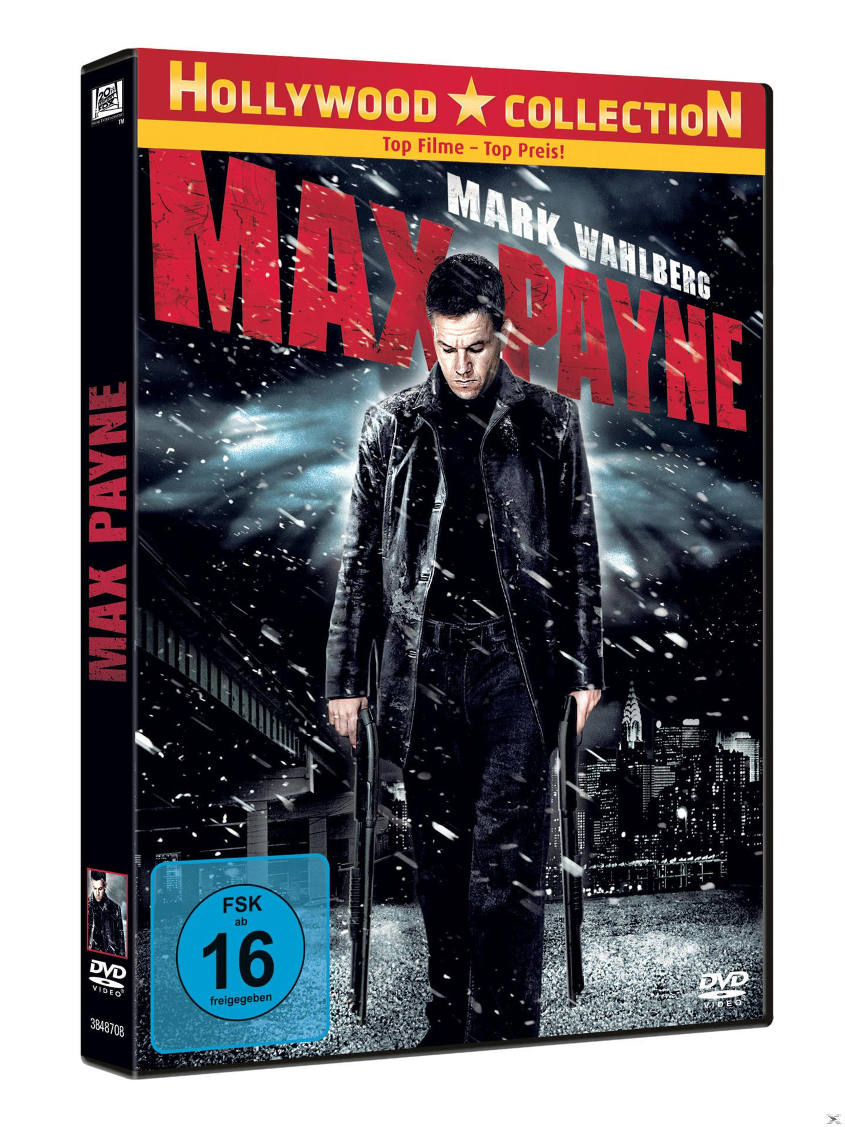 DVD-Cover von Max Payne mit Mark Wahlberg mit zwei Schrotflinten in einer verschneiten Stadt.