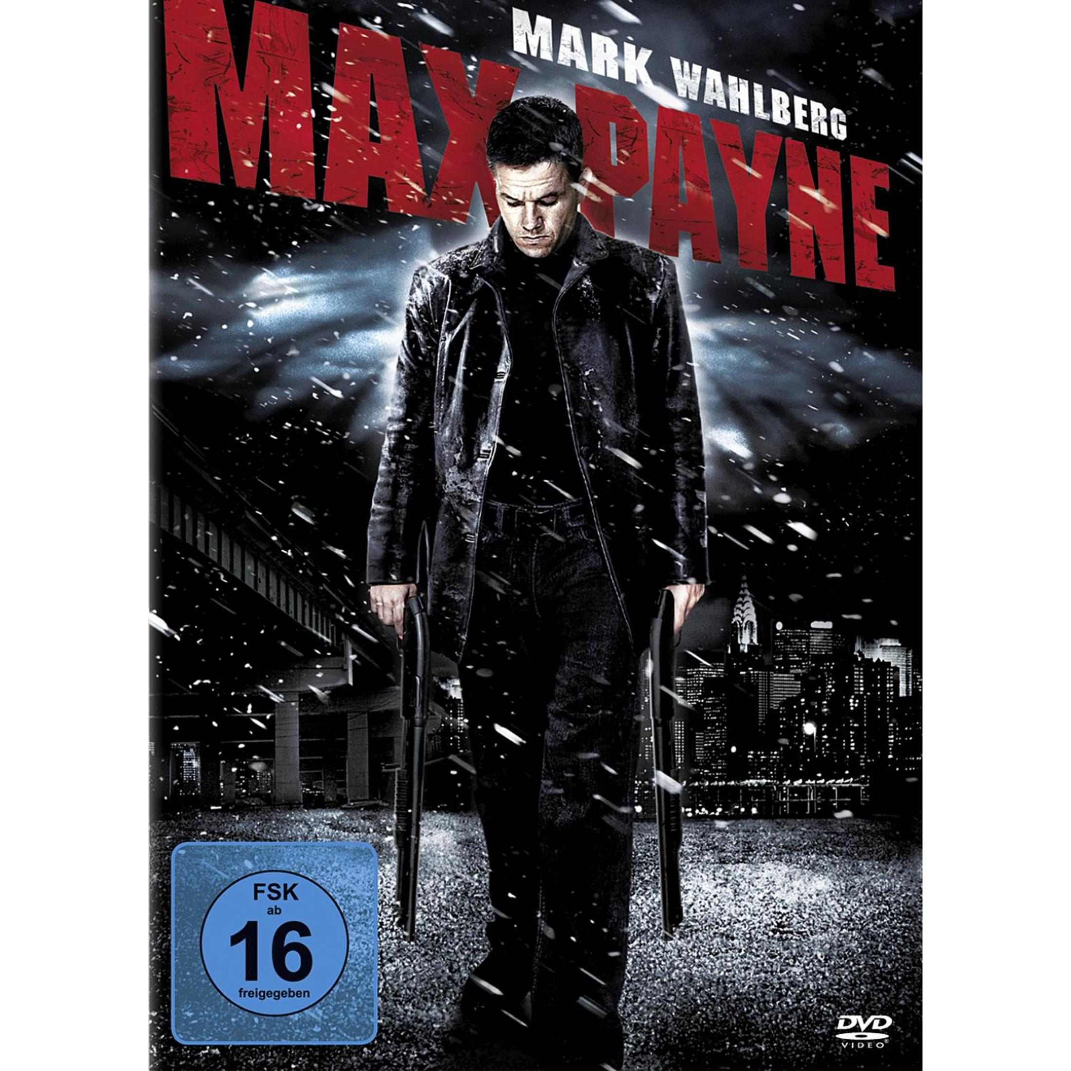 Mark Wahlberg hält zwei Schrotflinten auf einer verschneiten Stadtstraße nachts auf dem Max Payne DVD-Cover.