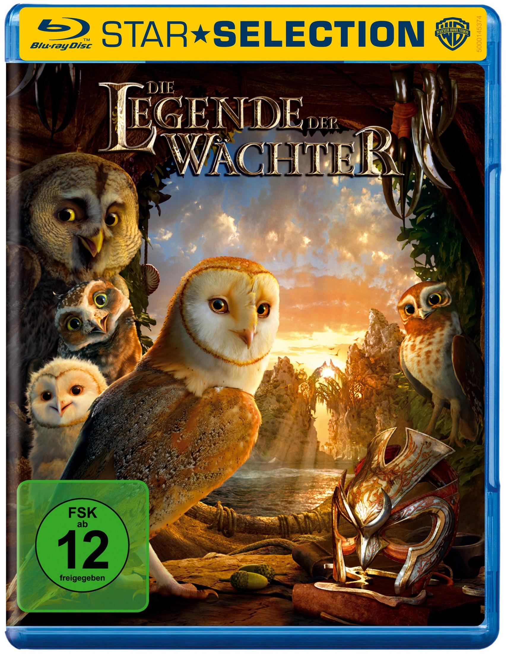 Filmcover von Die Legende der Wächter mit mehreren Eulen und einer goldenen Rüstung vor einer felsigen Landschaft.