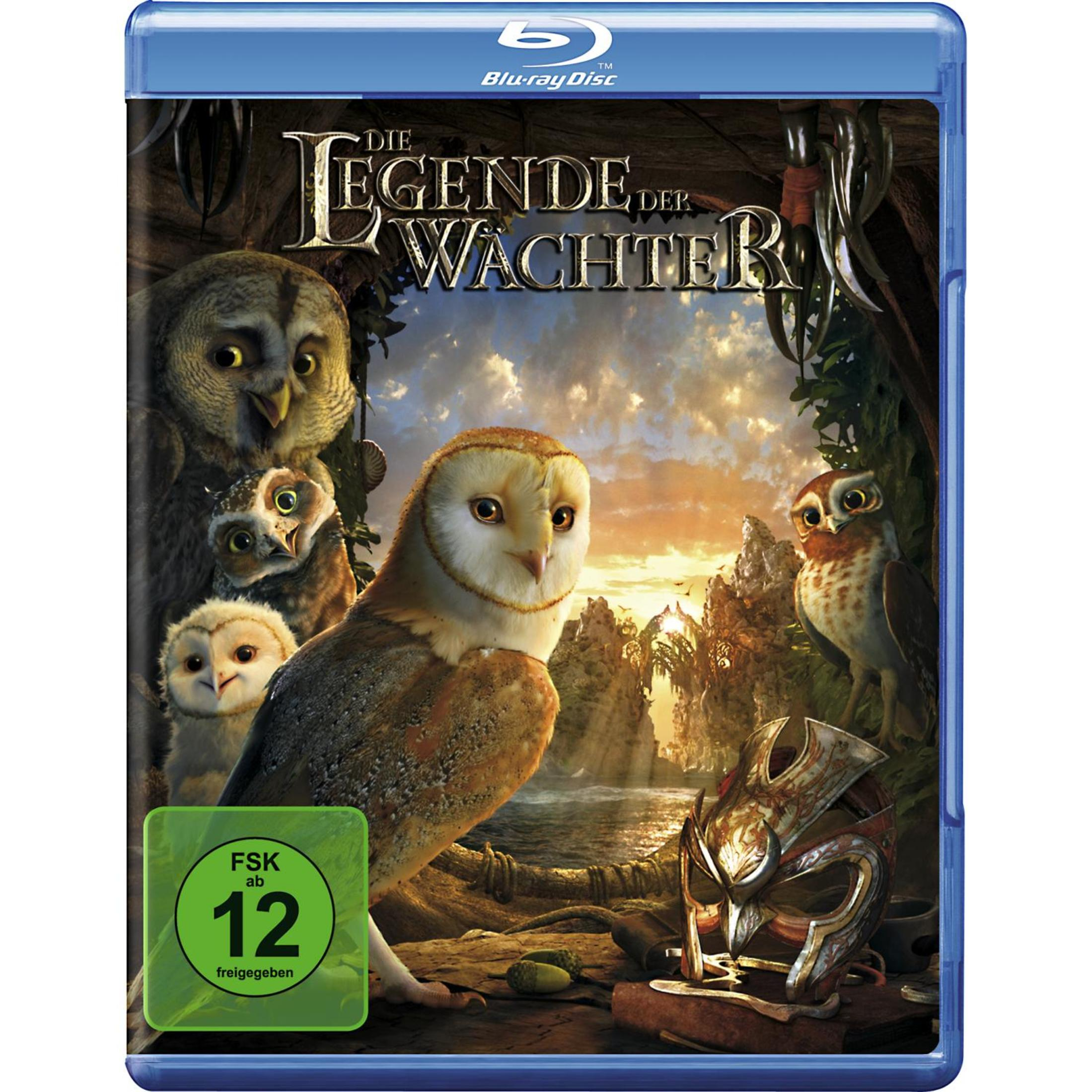 Blu-ray-Hülle von Die Legende der Wächter mit Eulen vor einer Landschaft und einem Helm im Vordergrund.
