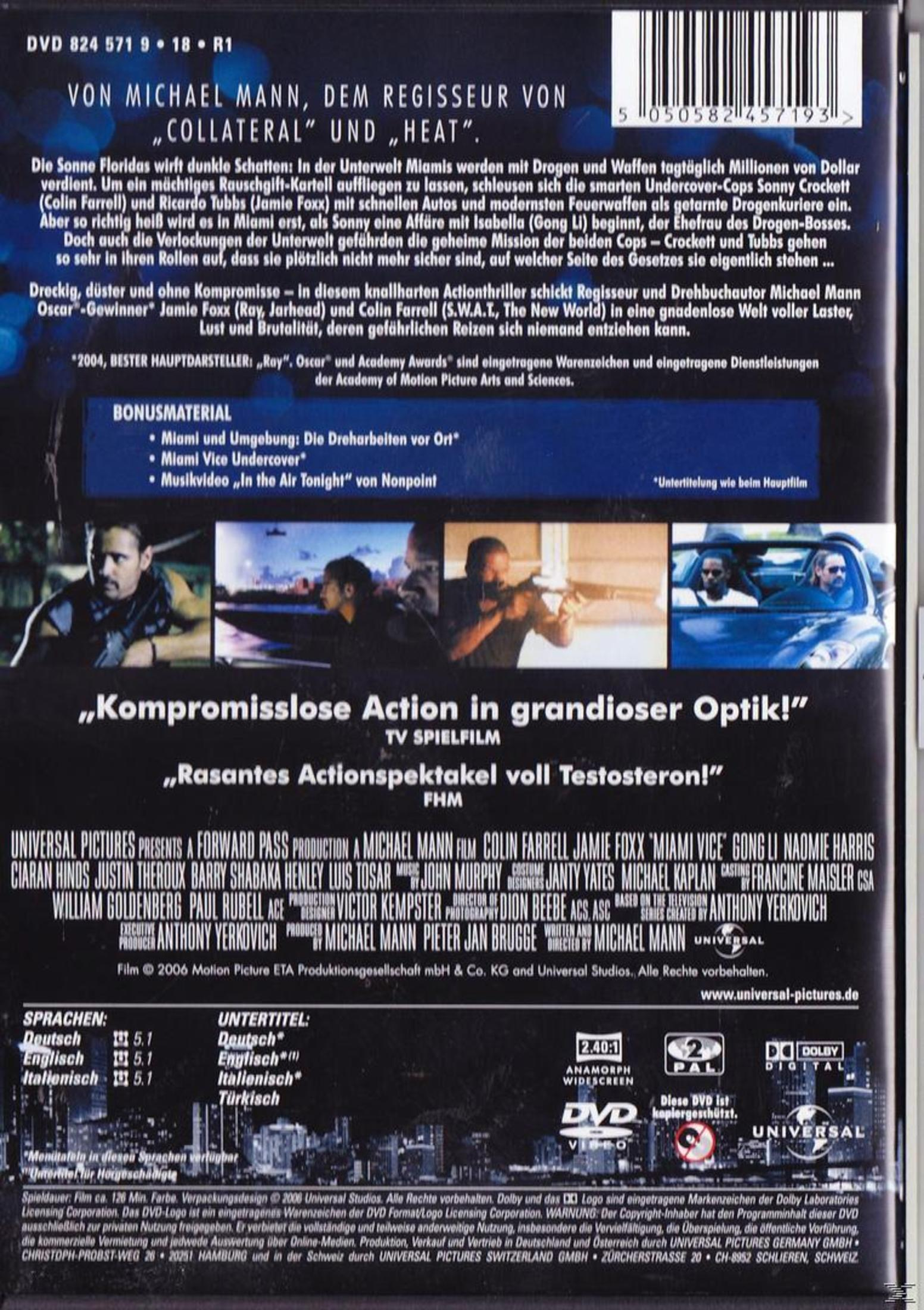 Rückseite der Miami Vice DVD-Hülle mit Text, Bildern aus dem Film und Angaben zu Besetzung und Sprachen.
