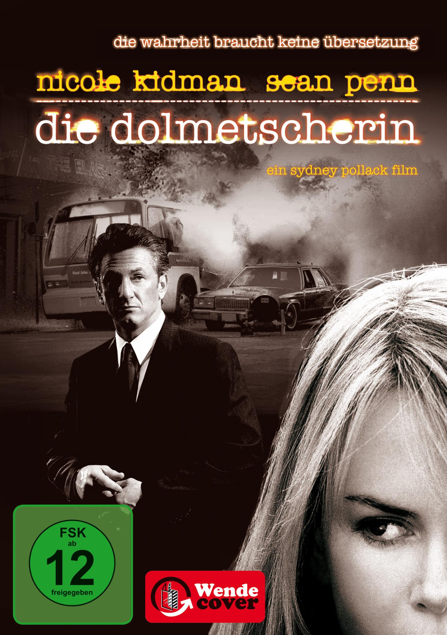 Filmposter zu Die Dolmetscherin mit Sean Penn, dem Auge einer Frau im Vordergrund und brennendem Bus und Auto.