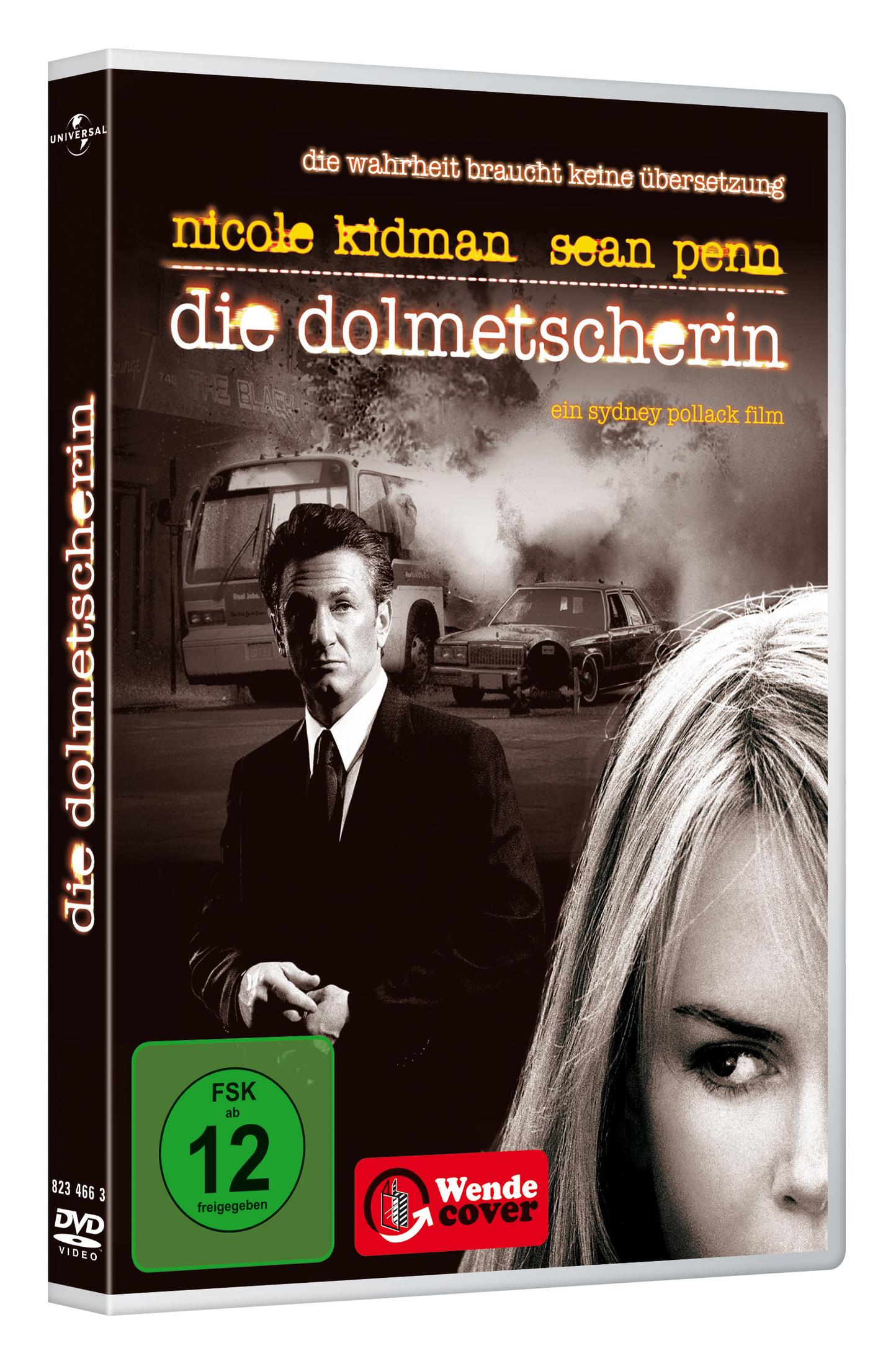 DVD-Hülle von Die Dolmetscherin mit Sean Penn und Nicole Kidman in einer actionreichen Straßenszene.