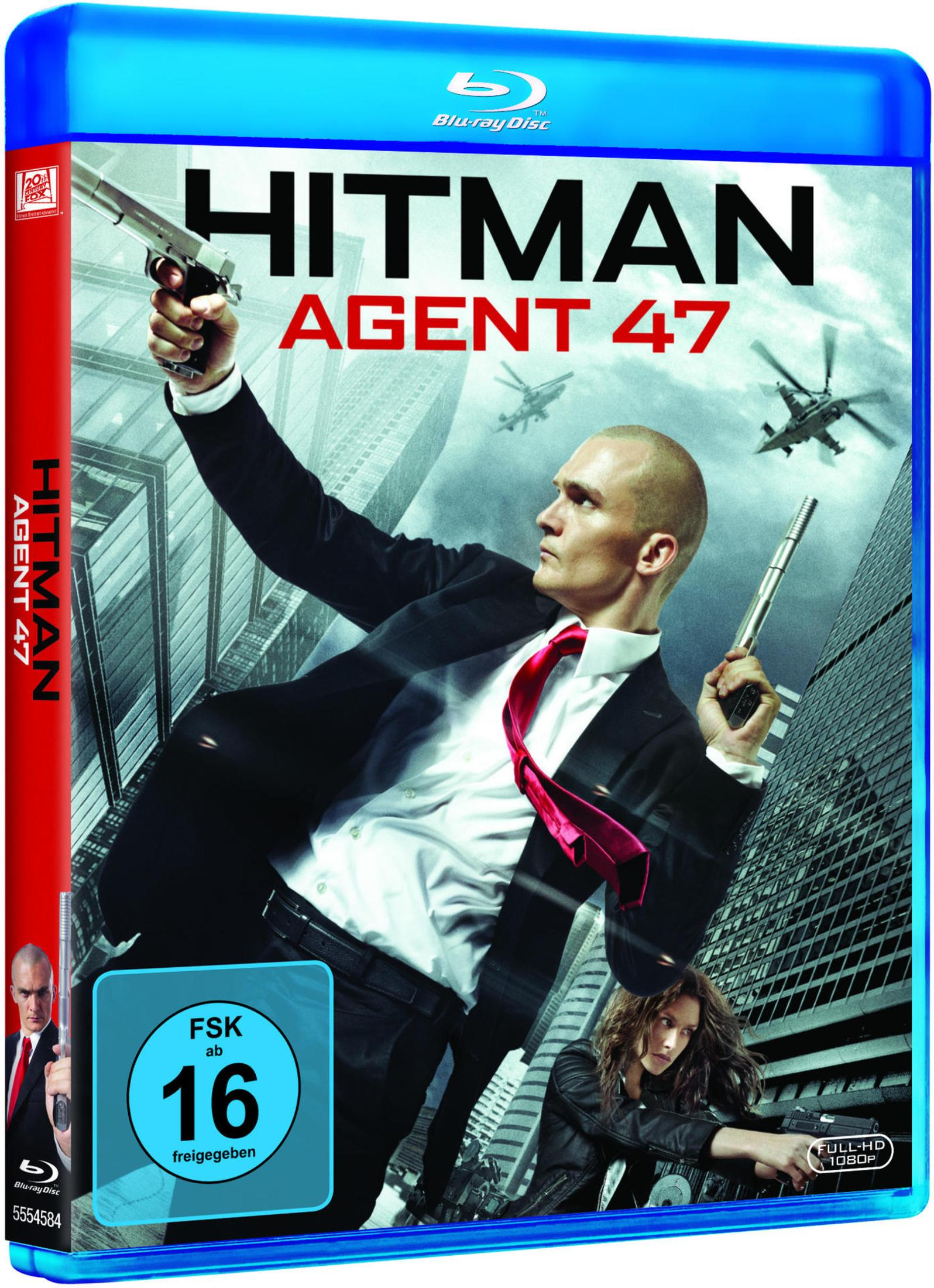 Blu-ray-Hülle von Hitman: Agent 47 mit einem Glatzkopf in Anzug mit Pistole und Hubschraubern im Hintergrund.
