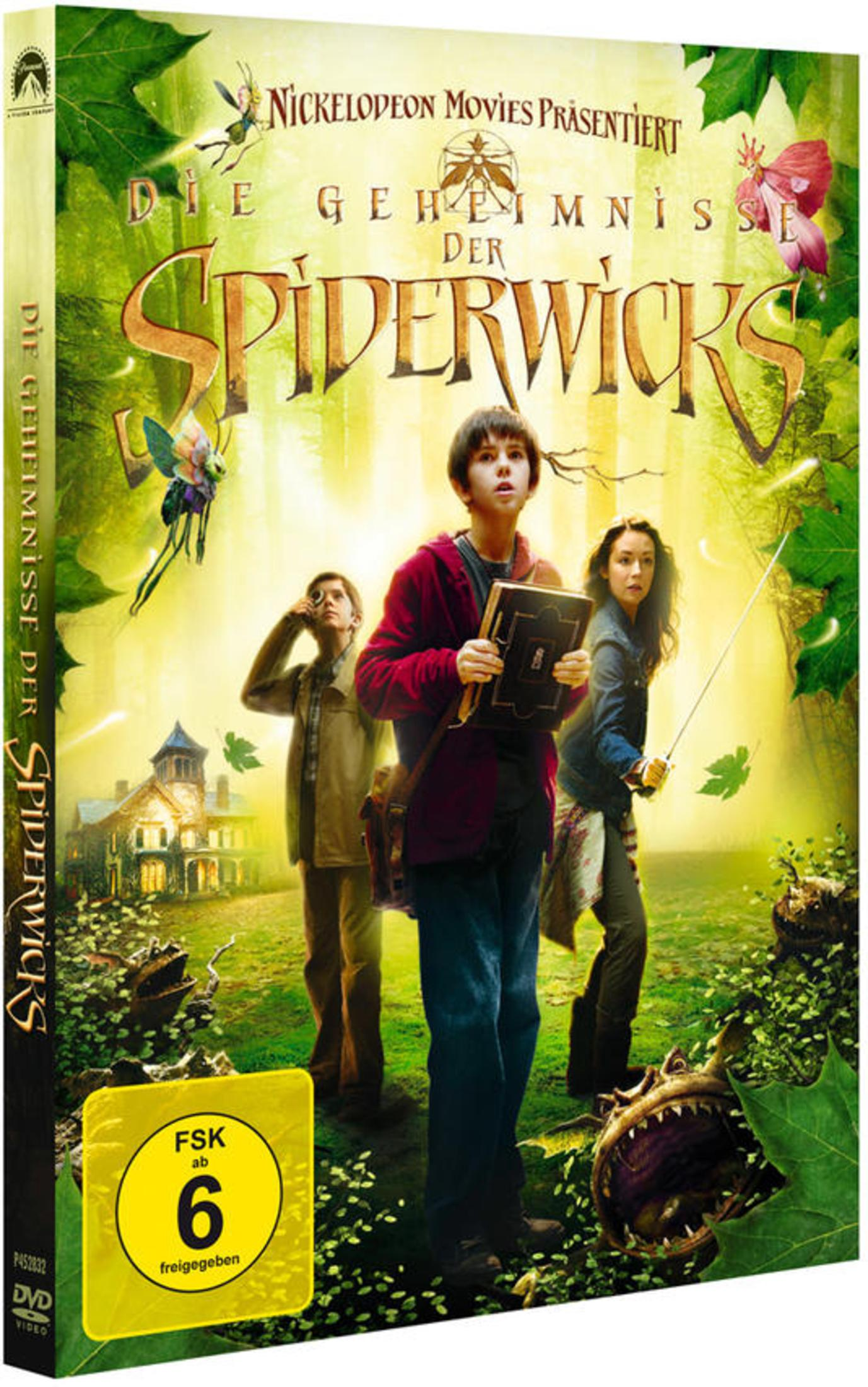 DVD-Cover von Die Geheimnisse der Spiderwicks mit drei jungen Menschen und Fantasiewesen im Wald vor einem alten Haus.
