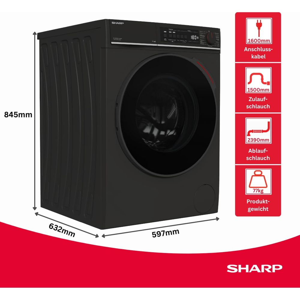 Un lave-linge Sharp noir avec dimensions et caractéristiques sur un panneau rouge.