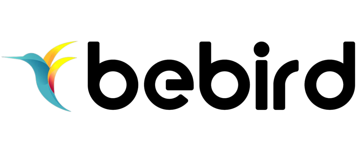 Il logo presenta un'icona di colibrì colorata a sinistra del testo nero bebird.