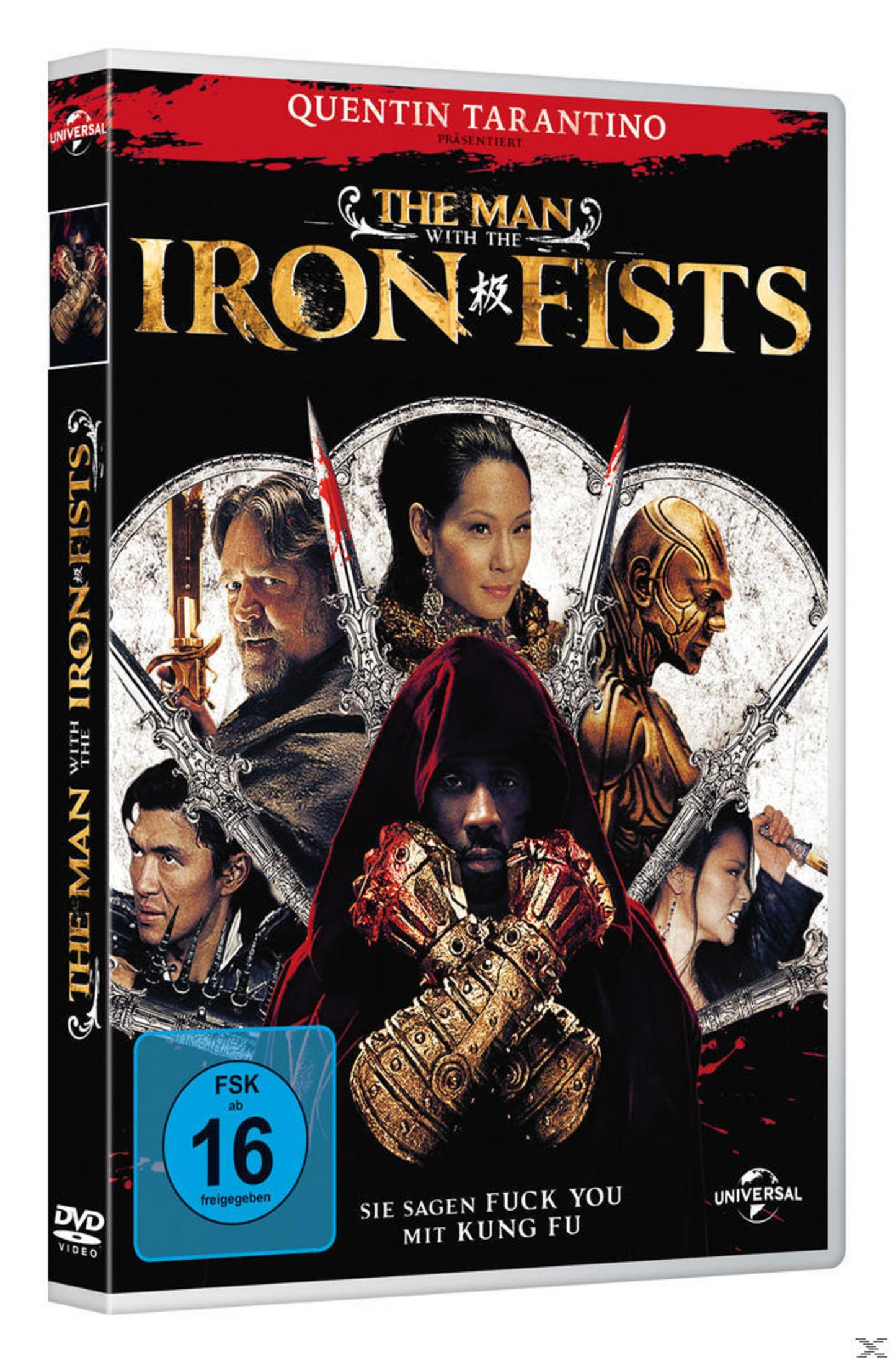 DVD-Cover von The Man with the Iron Fists mit Charakteren und goldenen Fäusten im Vordergrund.
