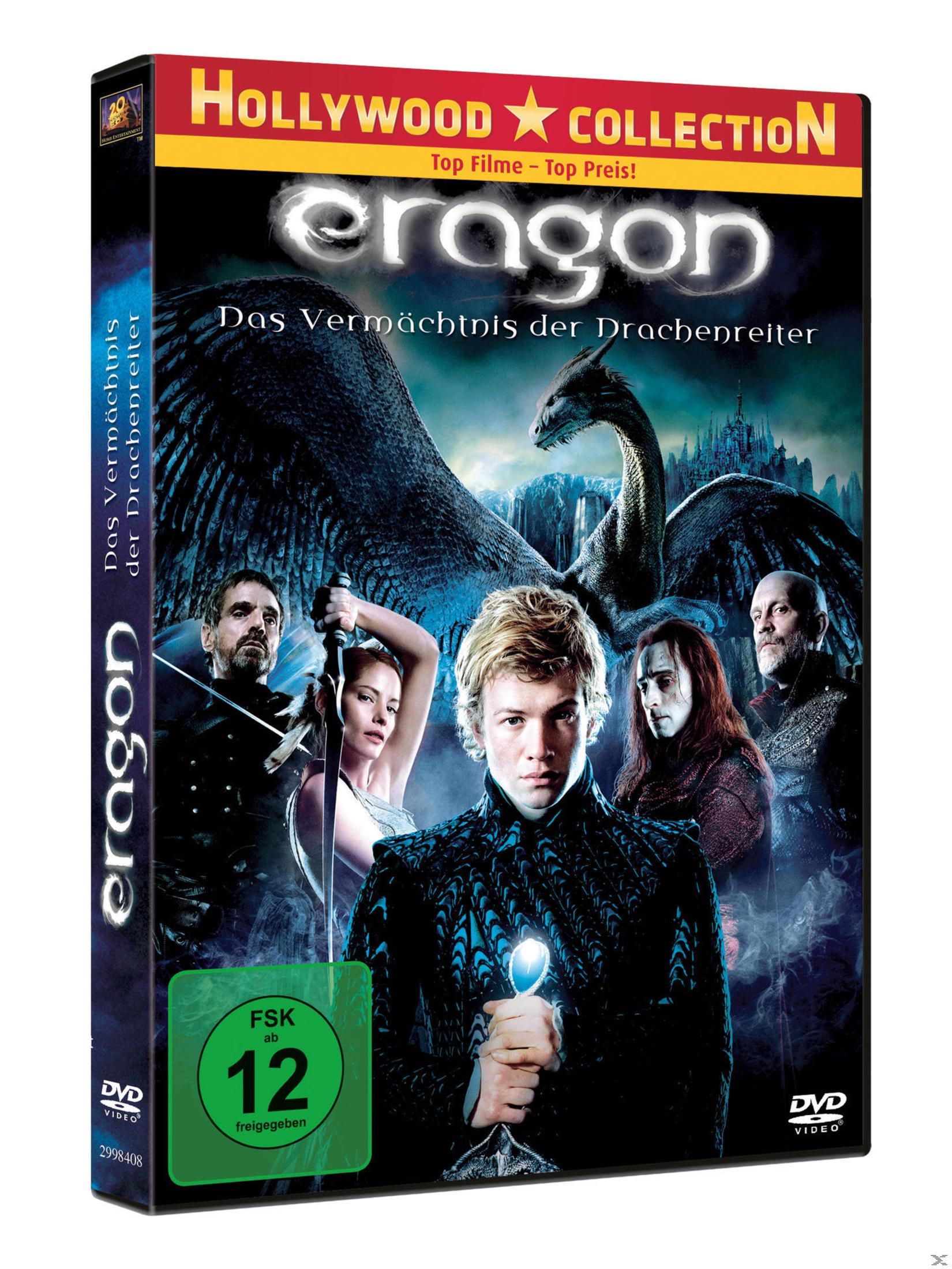 DVD-Cover von Eragon mit Charakteren, Drachen und dem Titel auf blauem Hintergrund.