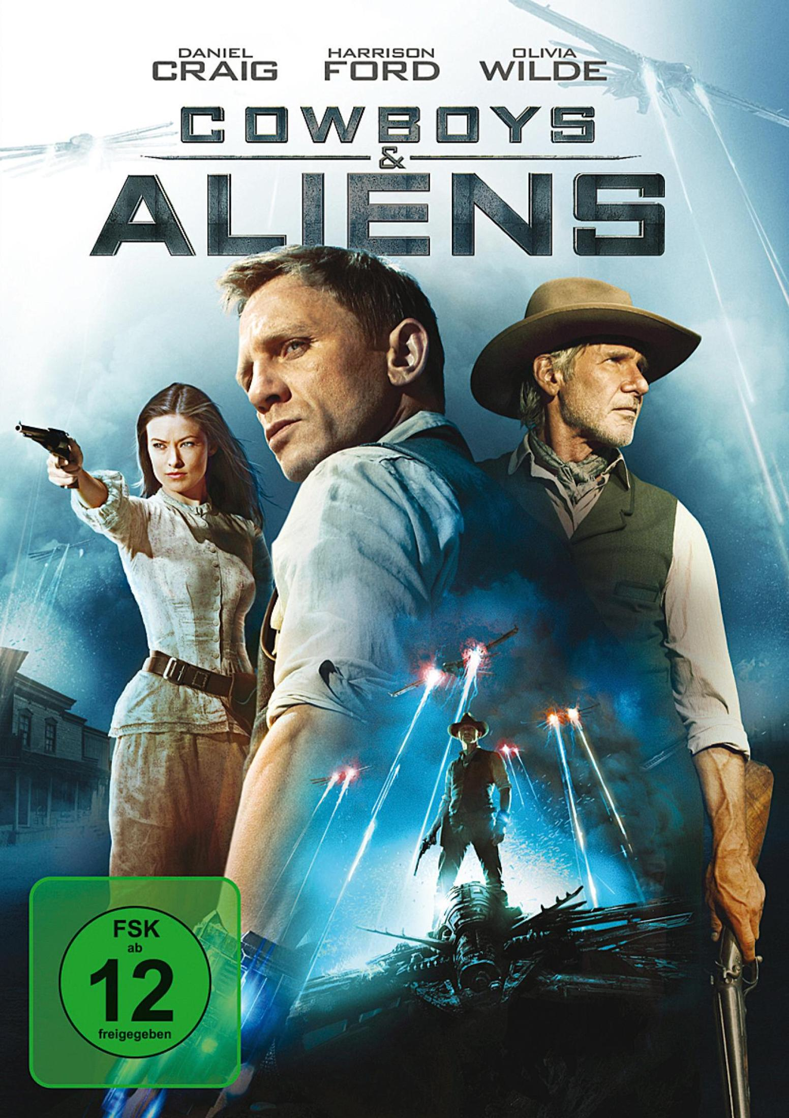 Filmplakat zu Cowboys & Aliens mit Daniel Craig, Harrison Ford und Olivia Wilde in blauen Tönen.