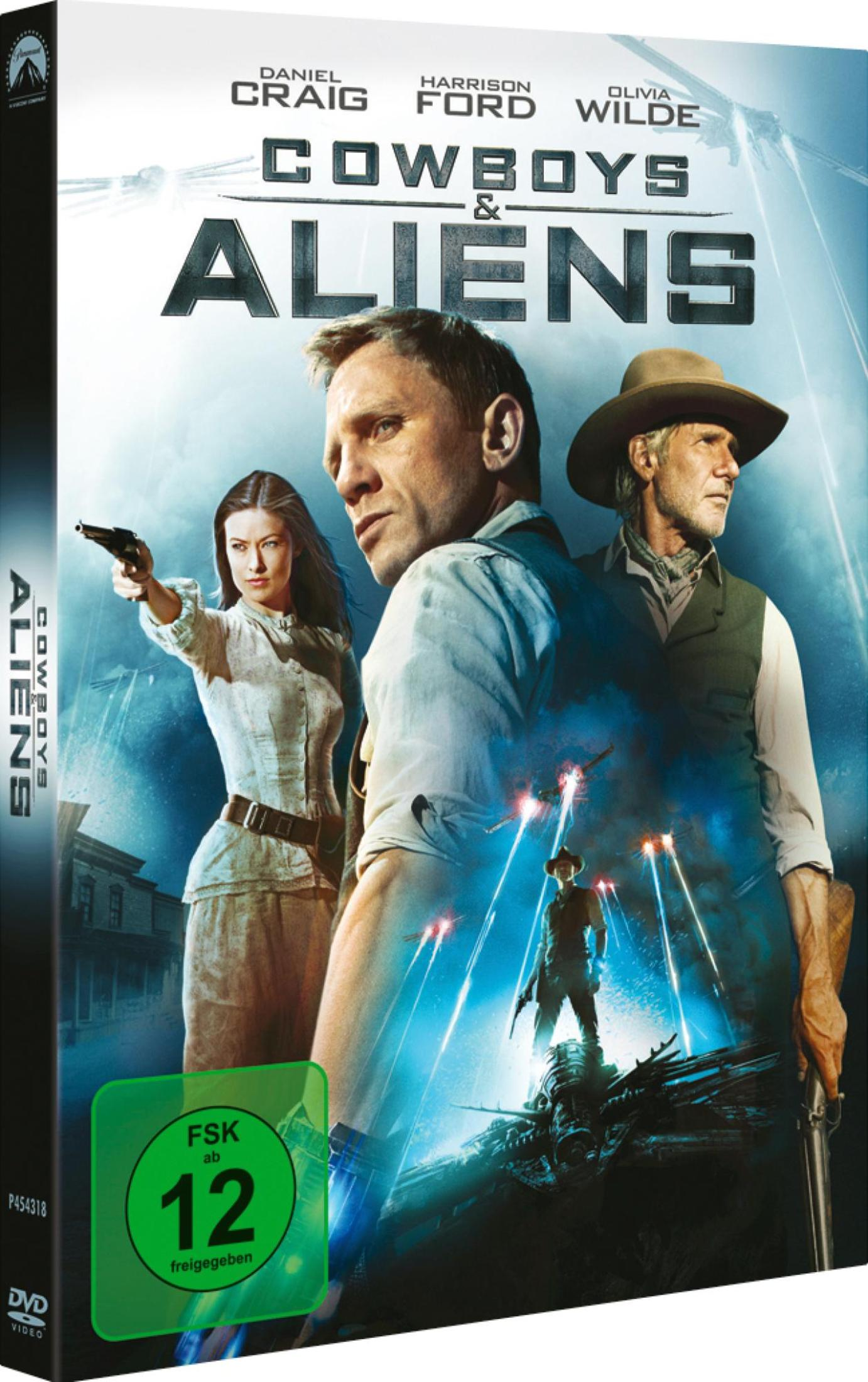 Filmplakat für Cowboys & Aliens mit Daniel Craig, Harrison Ford und Olivia Wilde in einer blau leuchtenden Sci-Fi-Szene.