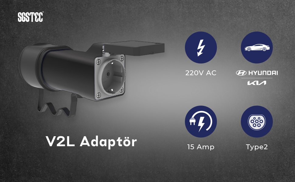 Prizli V2L Adaptör, 220V AC, 15 Amper, Hyundai ve Kia araçlar için.