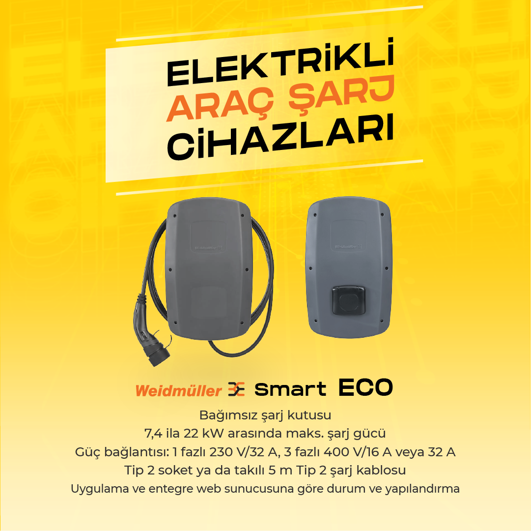 Sarı arka plan üzerinde Türkçe metinli iki gri elektrikli araç şarj cihazı.