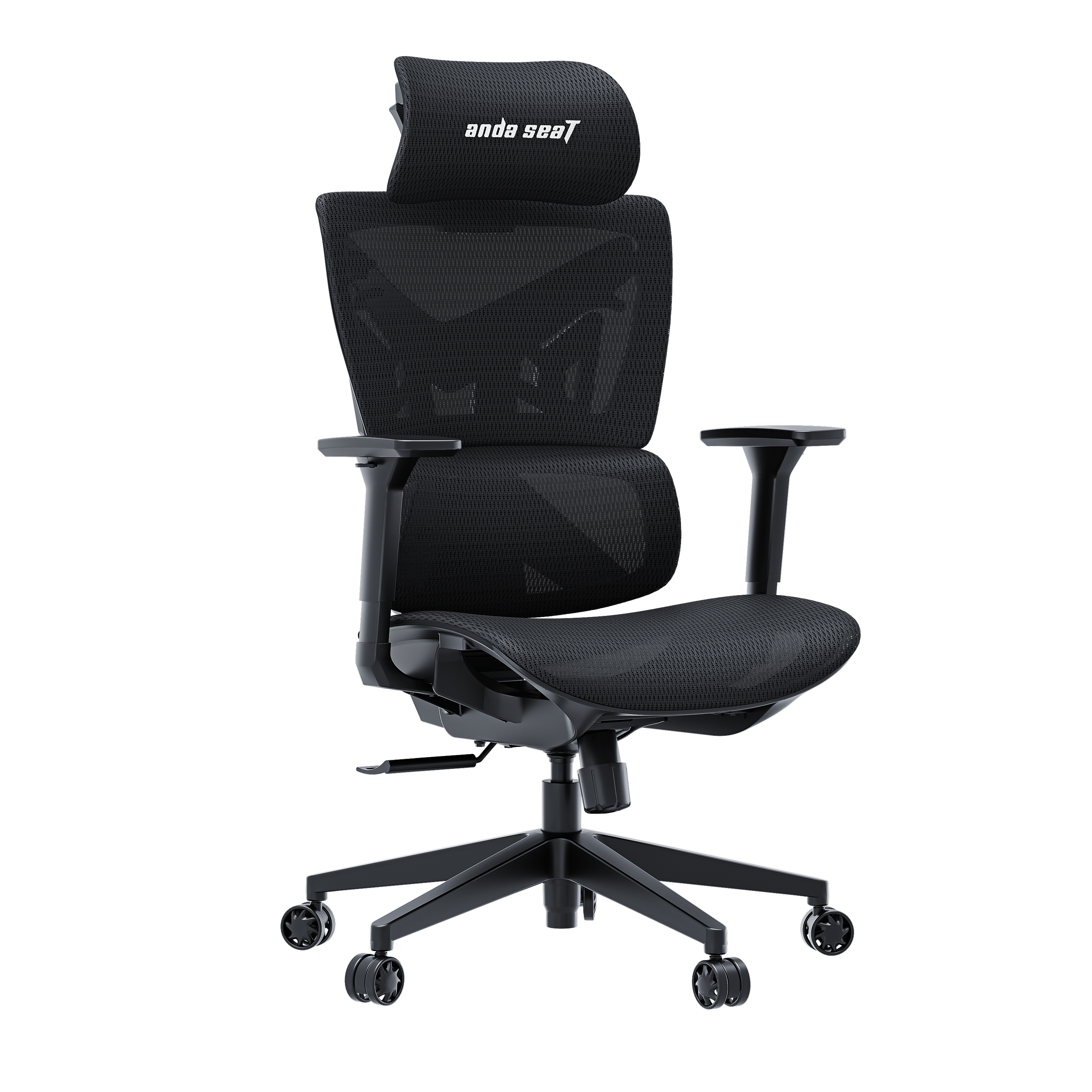 Una sedia da ufficio ergonomica nera in rete con braccioli e poggiatesta regolabili su ruote.
