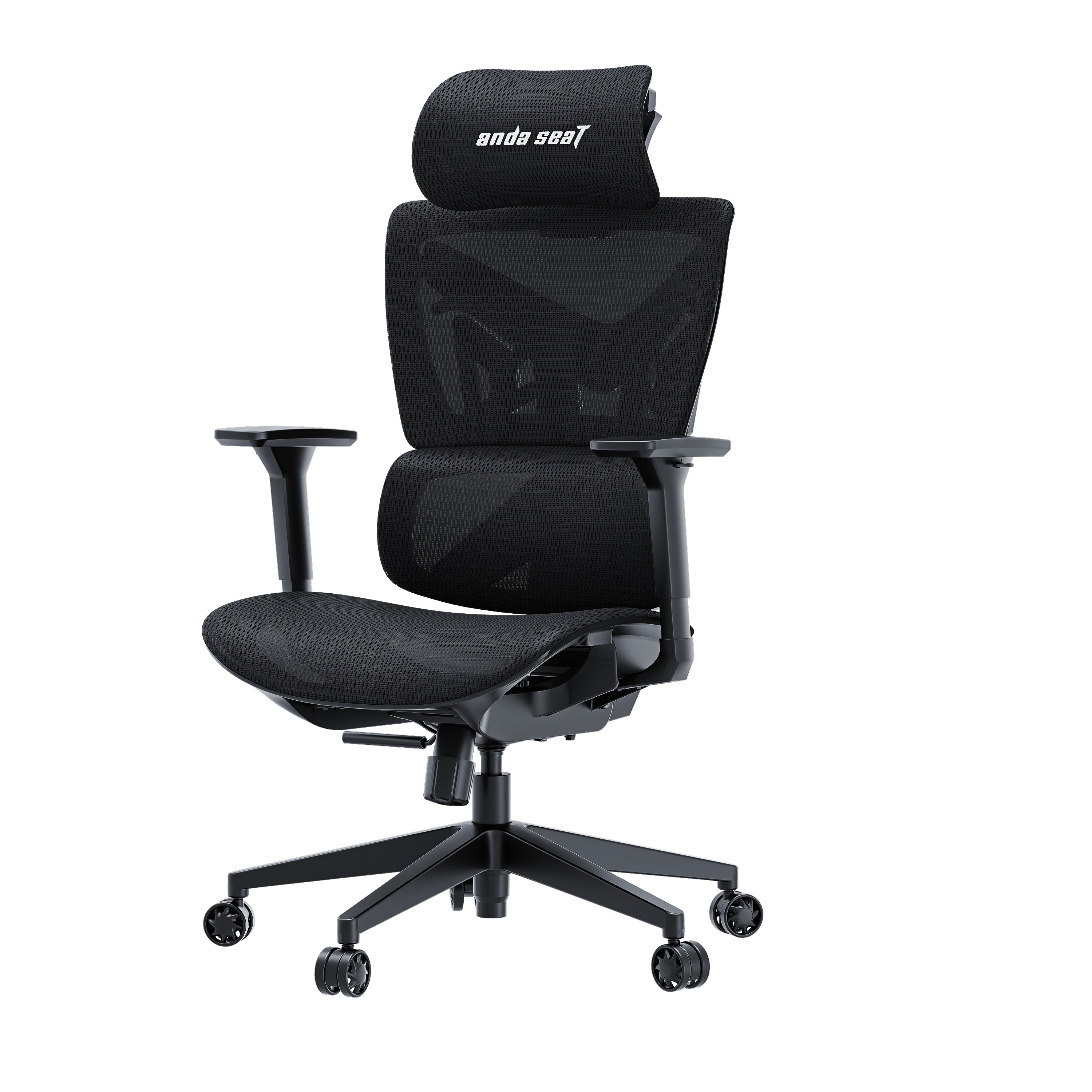Una sedia da ufficio ergonomica nera in rete con braccioli regolabili e poggiatesta, su rotelle.