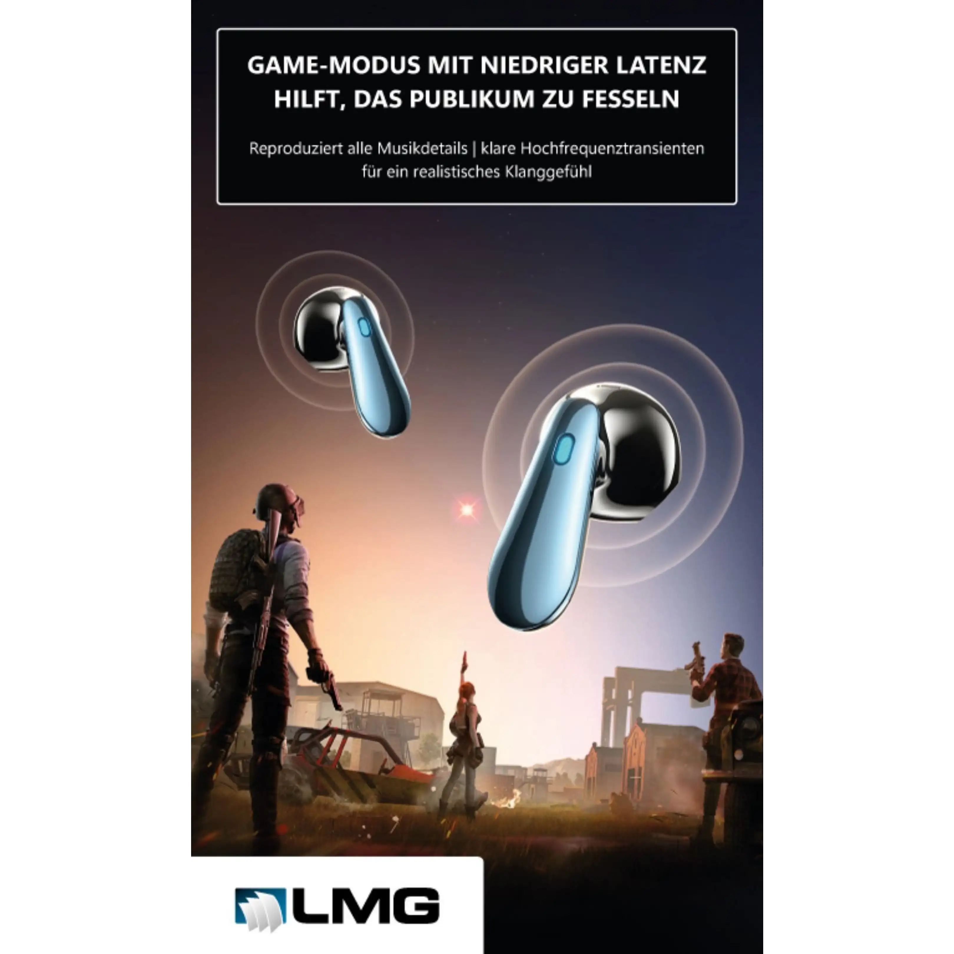 Werbung für Gaming-Ohrhörer mit blauen Earbuds über einer Kriegsszene und deutschem Text.