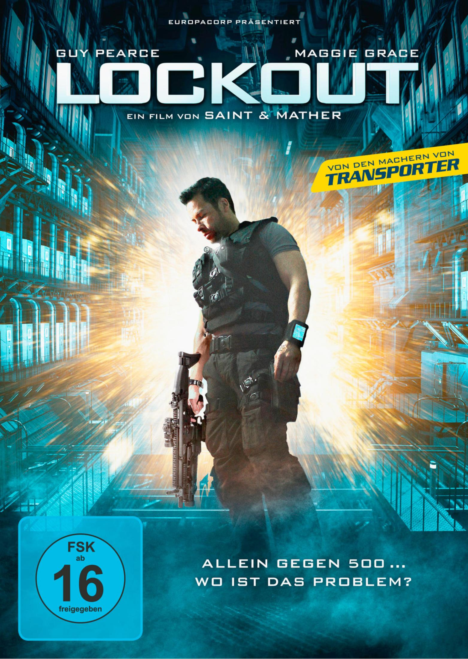 Filmplakat von Lockout mit Guy Pearce mit Waffe vor bläulicher futuristischer Kulisse mit Explosion.
