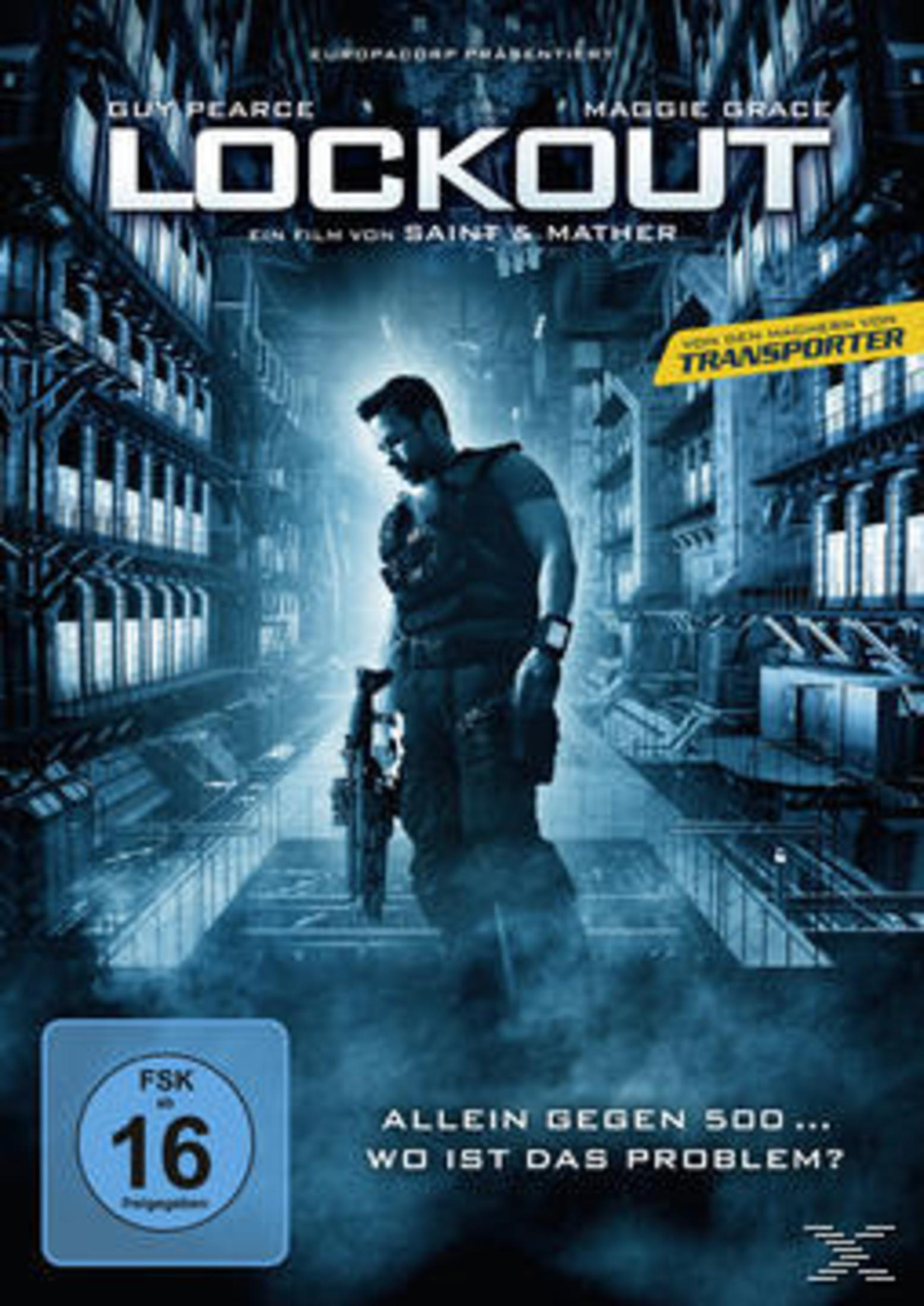 Filmplakat zu Lockout mit Guy Pearce bewaffnet in einer bläulichen Raumstation.