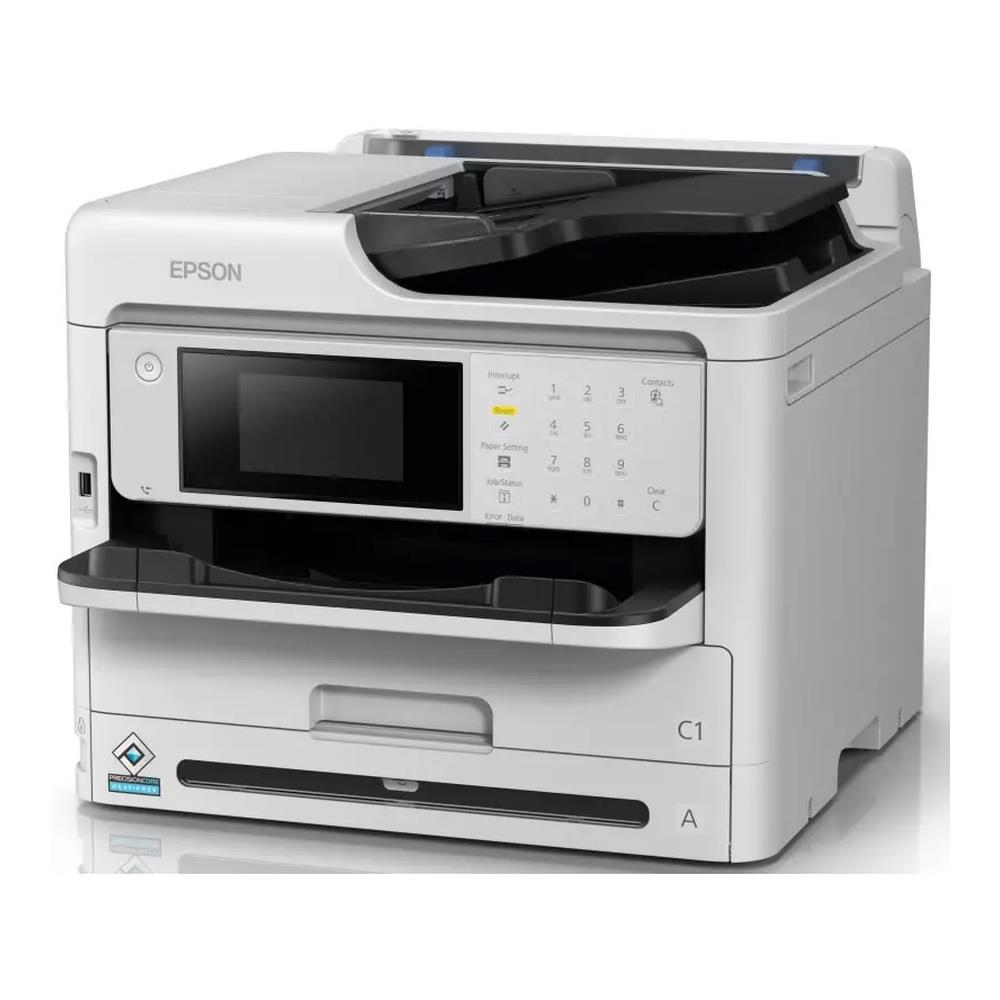 Una stampante multifunzione Epson bianca con display e tastierino su superficie bianca.