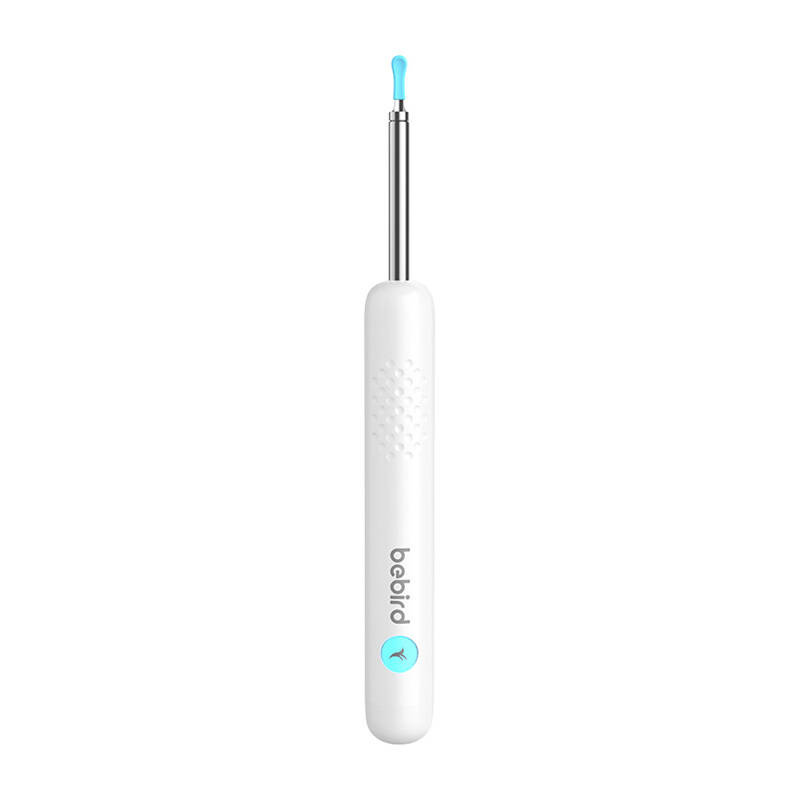 Un pulisciorecchie bianco Bebird con punta blu e stelo metallico su sfondo bianco.