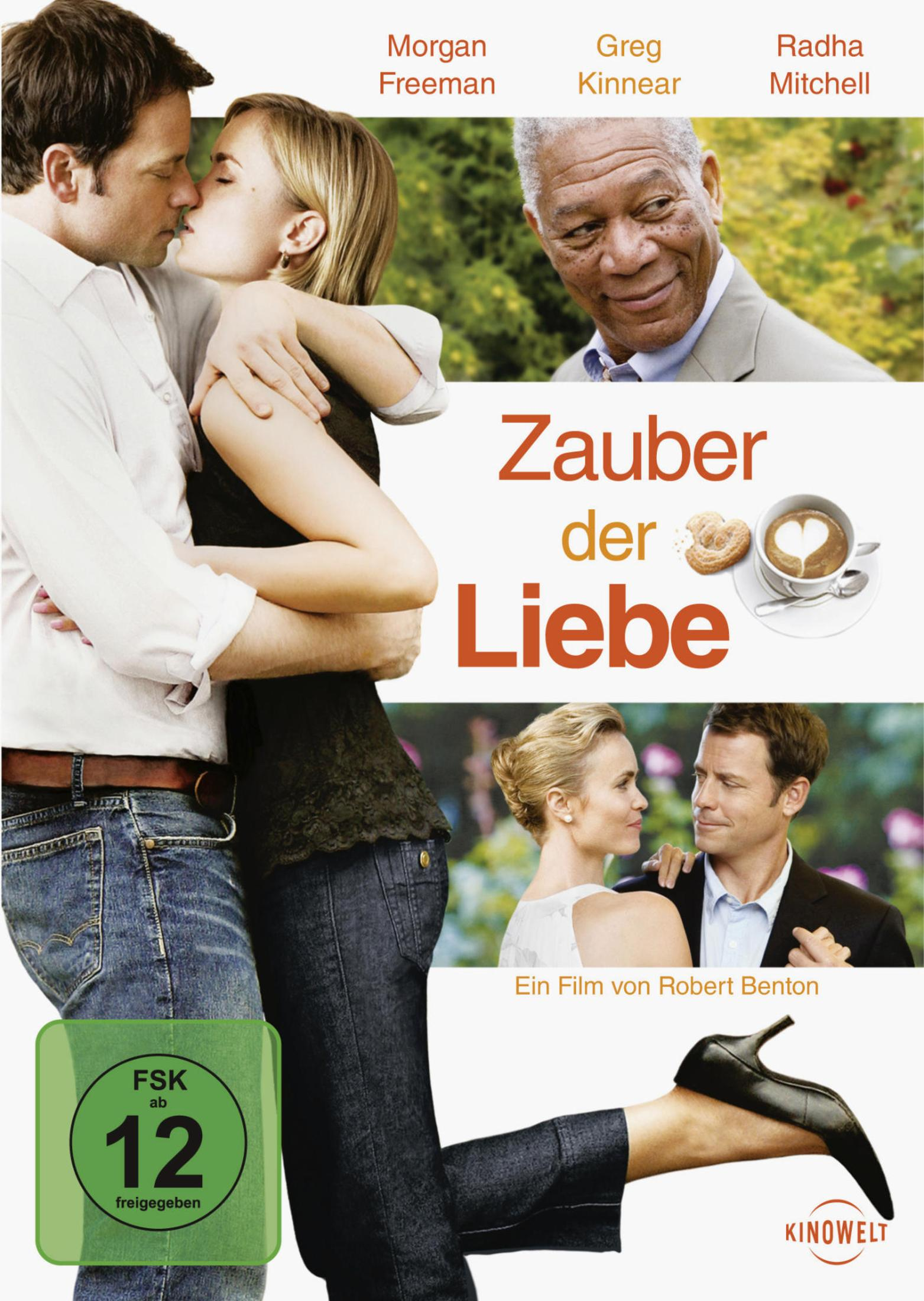 Filmposter "Zauber der Liebe" mit Kuenstlernamen, Kusszene, Morgan Freeman und Kaffeetasse.