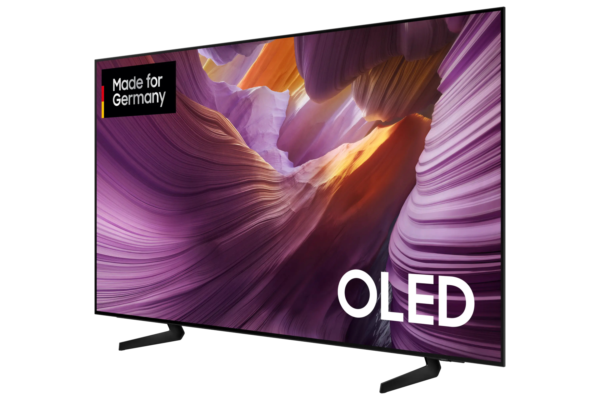 Ein OLED-Fernseher mit abstractem violettem Hintergrund, einem Made for Germany-Logo und schwarzen Füßen.