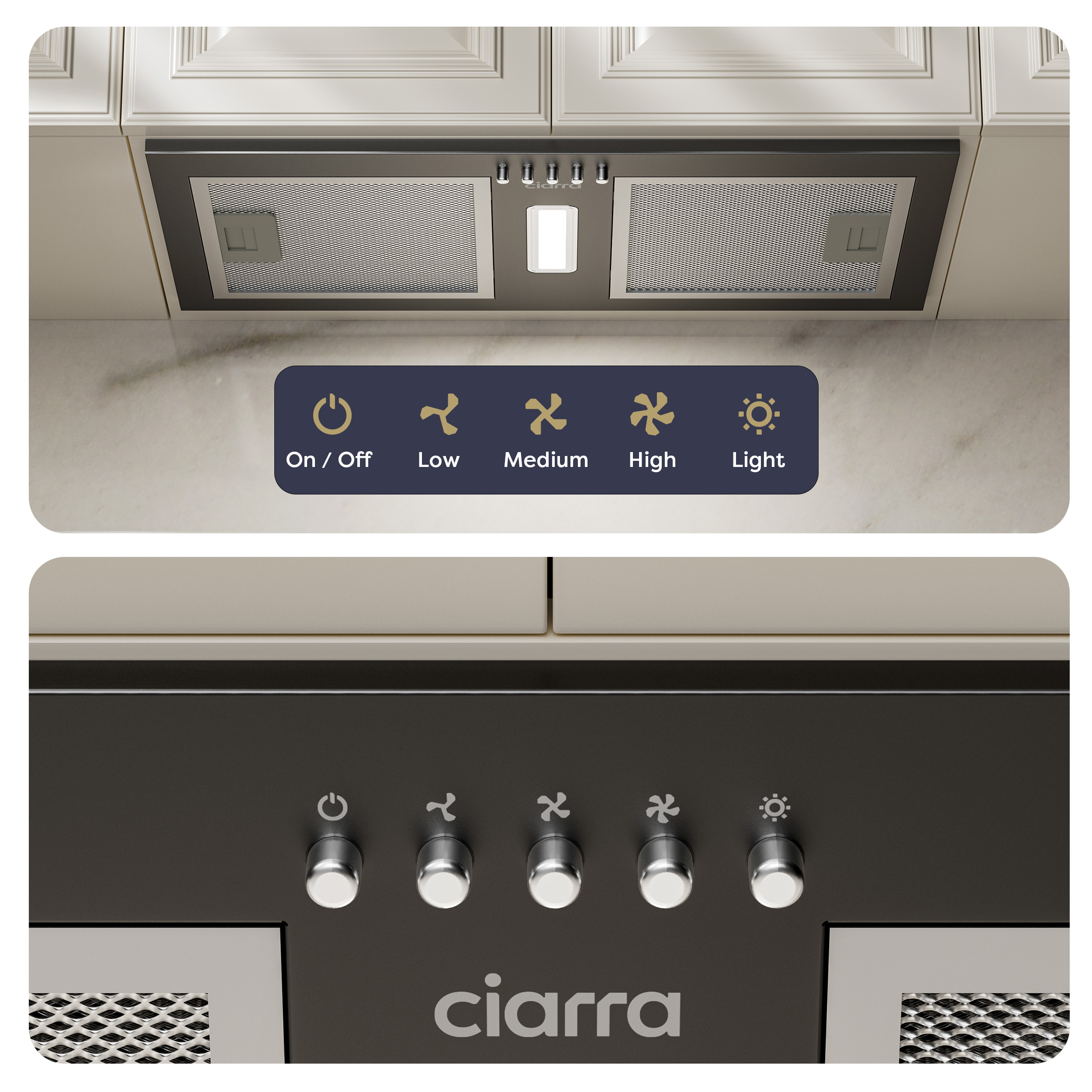 Hotte encastrable avec filtres à grille, lumière LED et boutons de commande pour marche/arrêt, vitesses et éclairage.