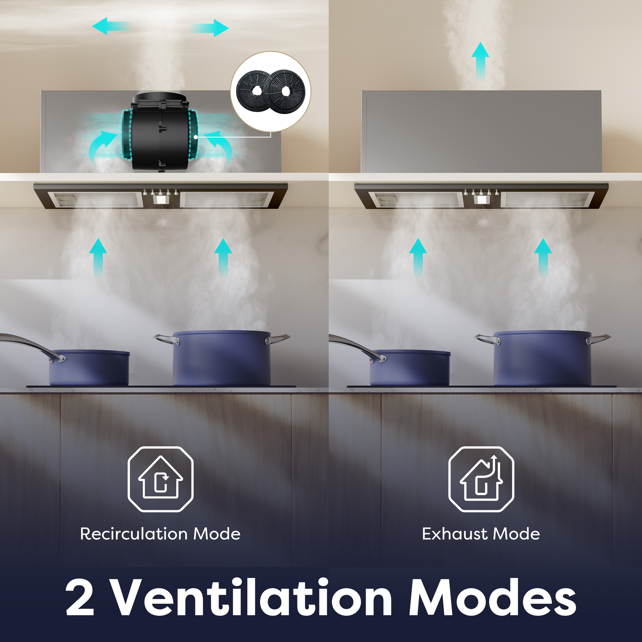 Comparaison de deux modes de ventilation de hotte: recirculation et évacuation avec vapeur.