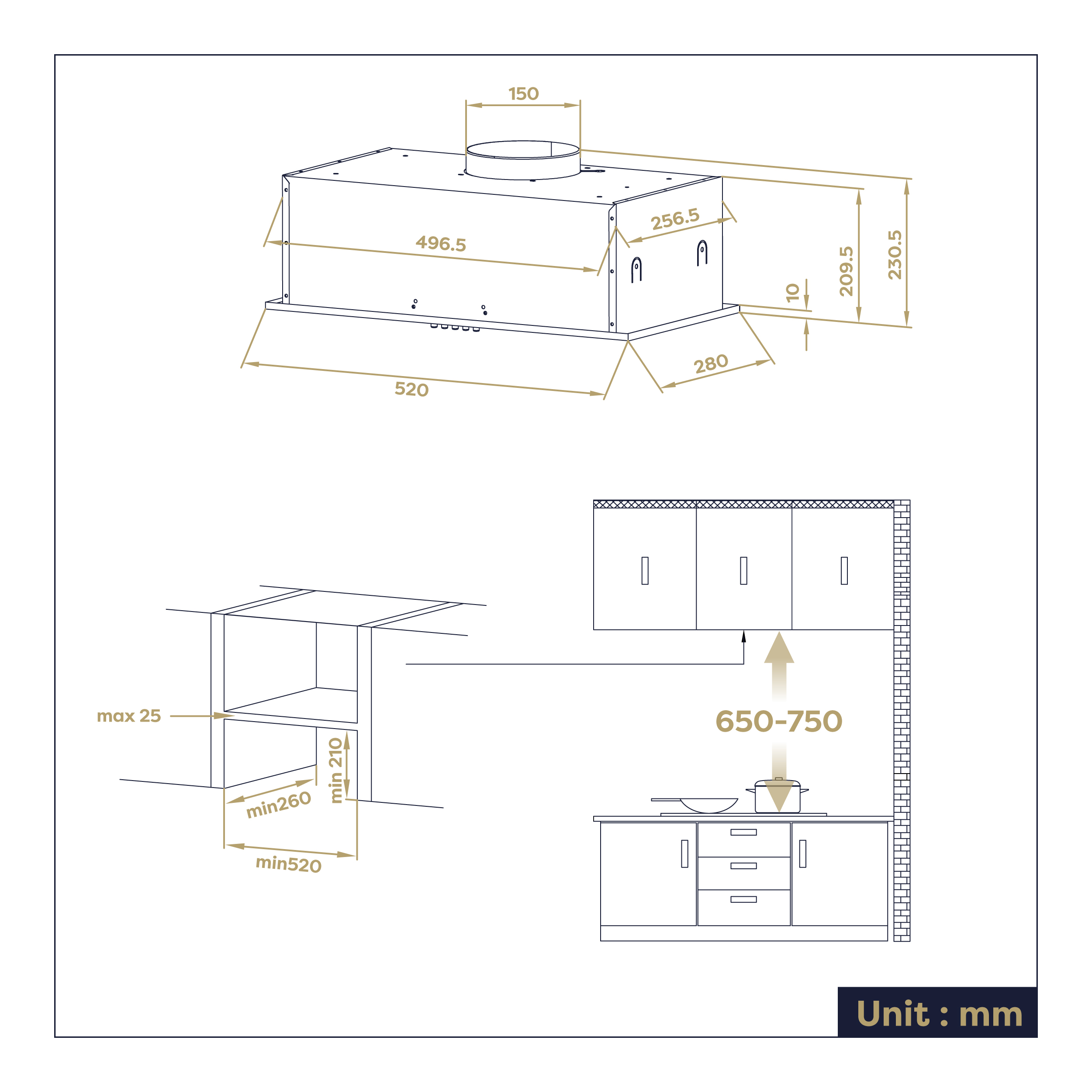 Dessin technique d'une hotte aspirante avec dimensions et instructions d'installation en millimètres.