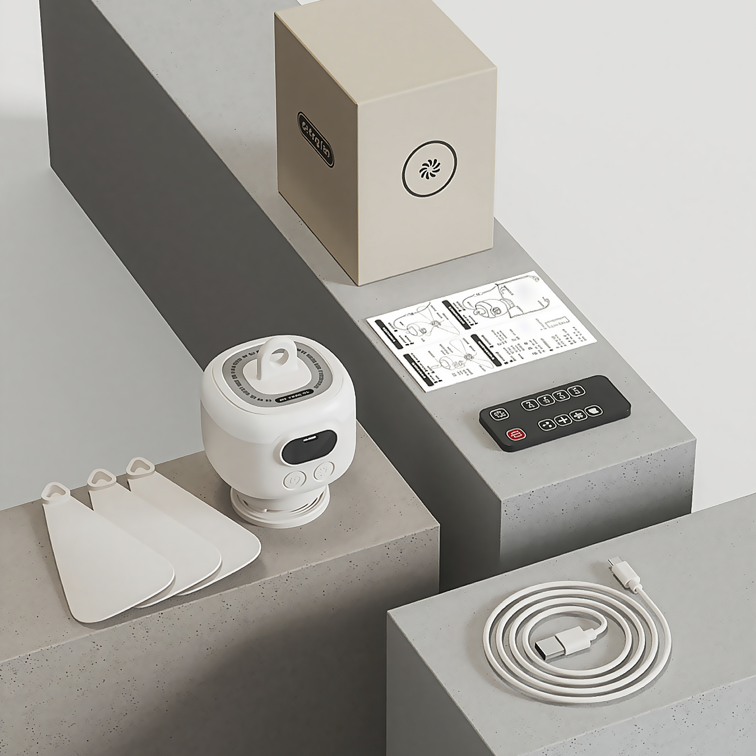 Un ventilador de techo blanco con caja, control remoto, manuales, aspas y cable de carga en pedestales grises.