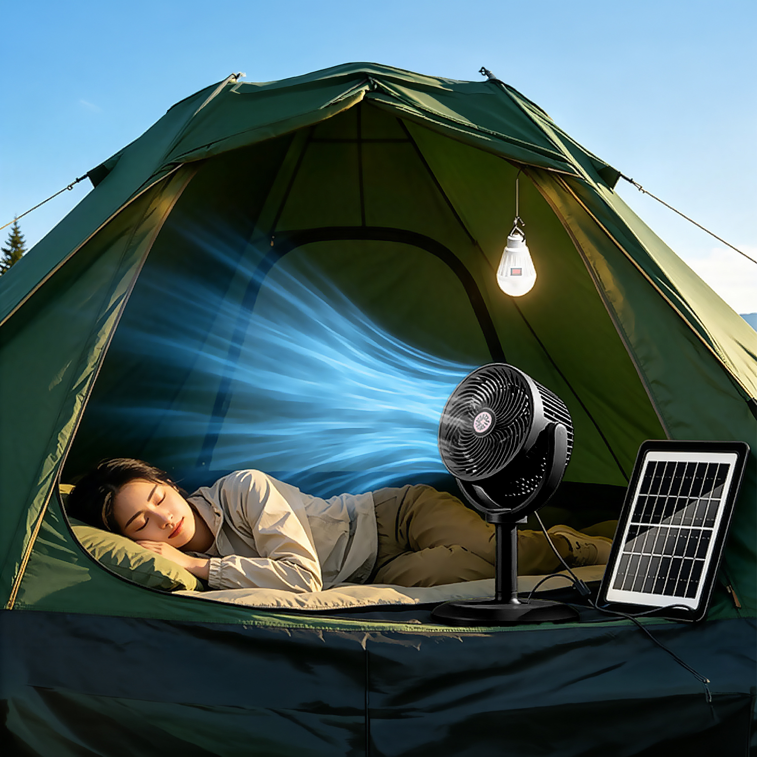 Una mujer duerme en una tienda verde con un ventilador negro, una bombilla colgante y un panel solar.