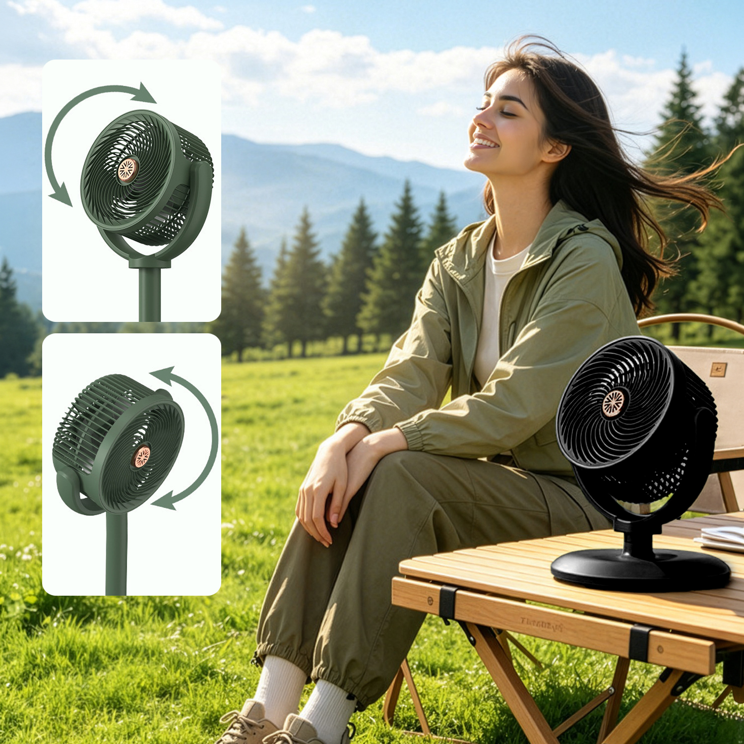 Una mujer sonríe al aire libre con viento, junto a un ventilador negro en una mesa de madera y dos insertos funcionales.