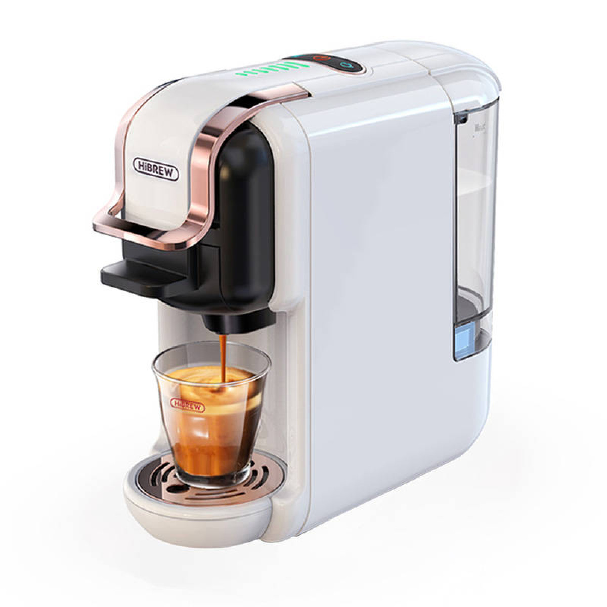 Una macchina da caffè bianca con dettagli in oro rosa versa espresso fresco in una tazza di vetro.