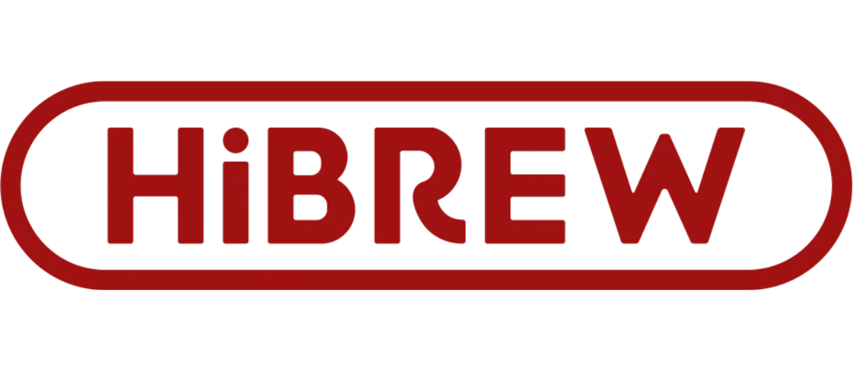 Il logo rosso presenta la parola HiBREW all'interno di un bordo rettangolare arrotondato.