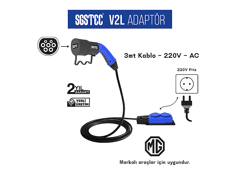 SGSTEC MG 3 m Kablolu 2'li V2L Uzatma Kablosu Siyah