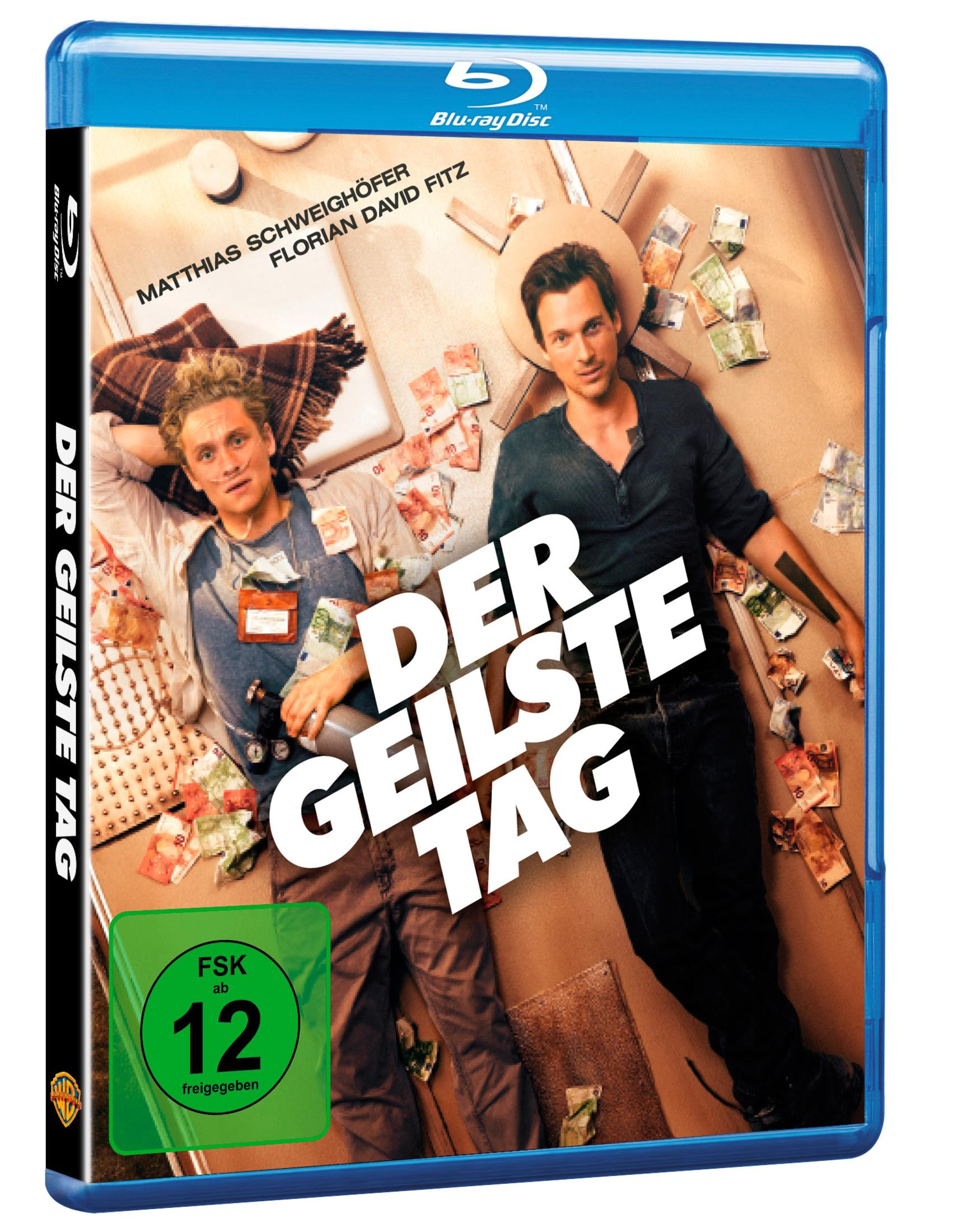 Blu-ray-Hülle mit zwei Männern, die auf dem Boden liegen, umgeben von Geldscheinen, mit dem Titel Der geilste Tag.