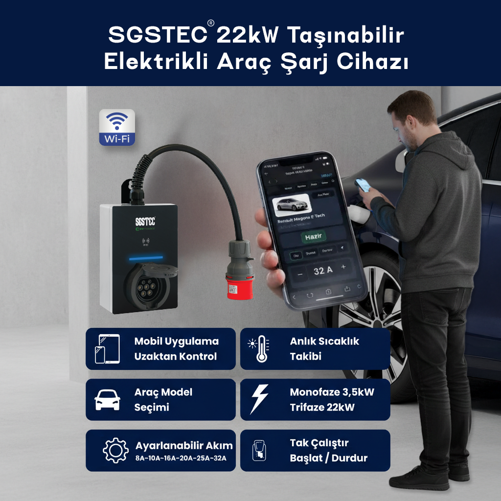Adam, akıllı telefon uygulamasıyla kontrol edilen SGSTEC 22kW şarj cihazını kullanıyor.