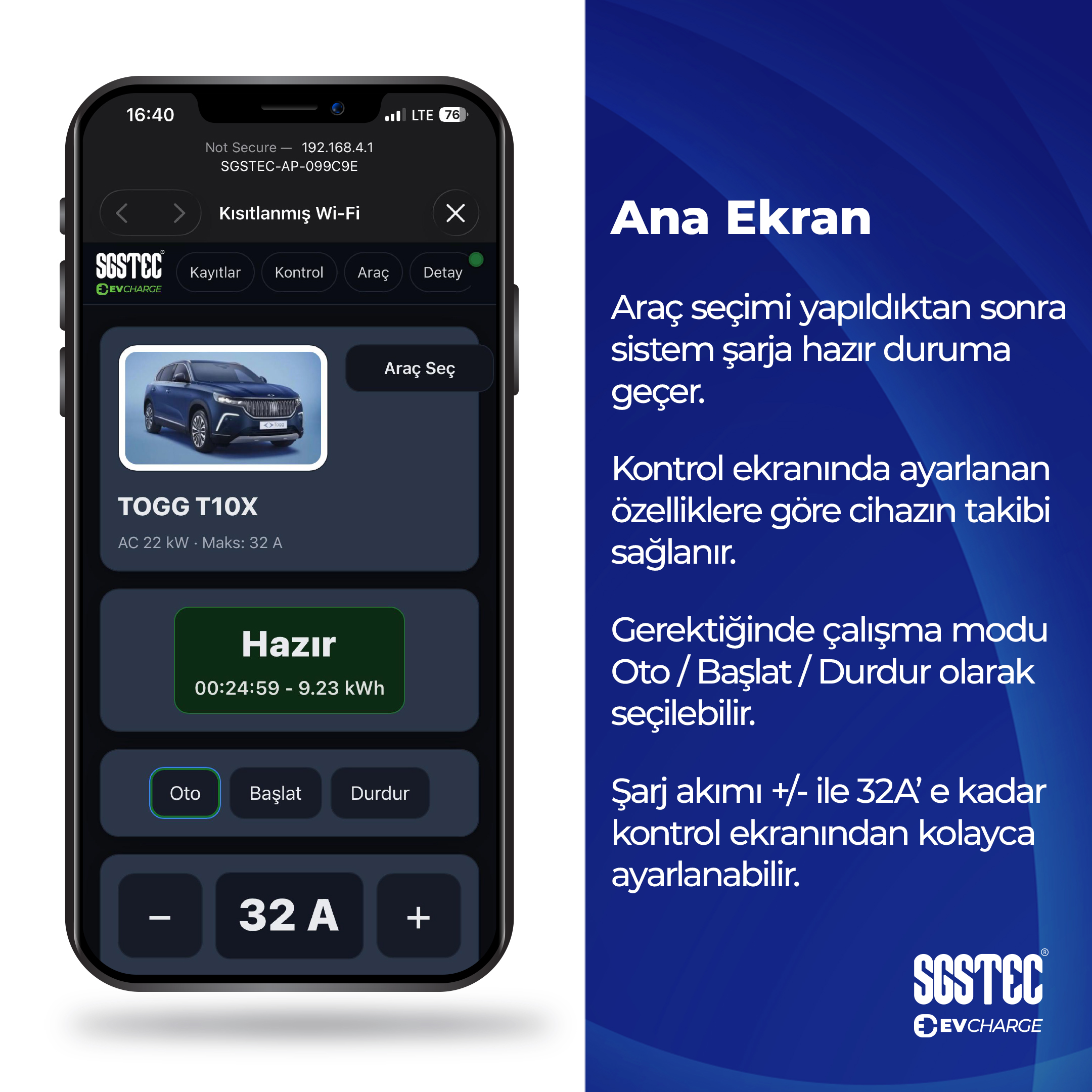 Akıllı telefon ekranında araç seçimi ve şarj durumu gösteren uygulama.