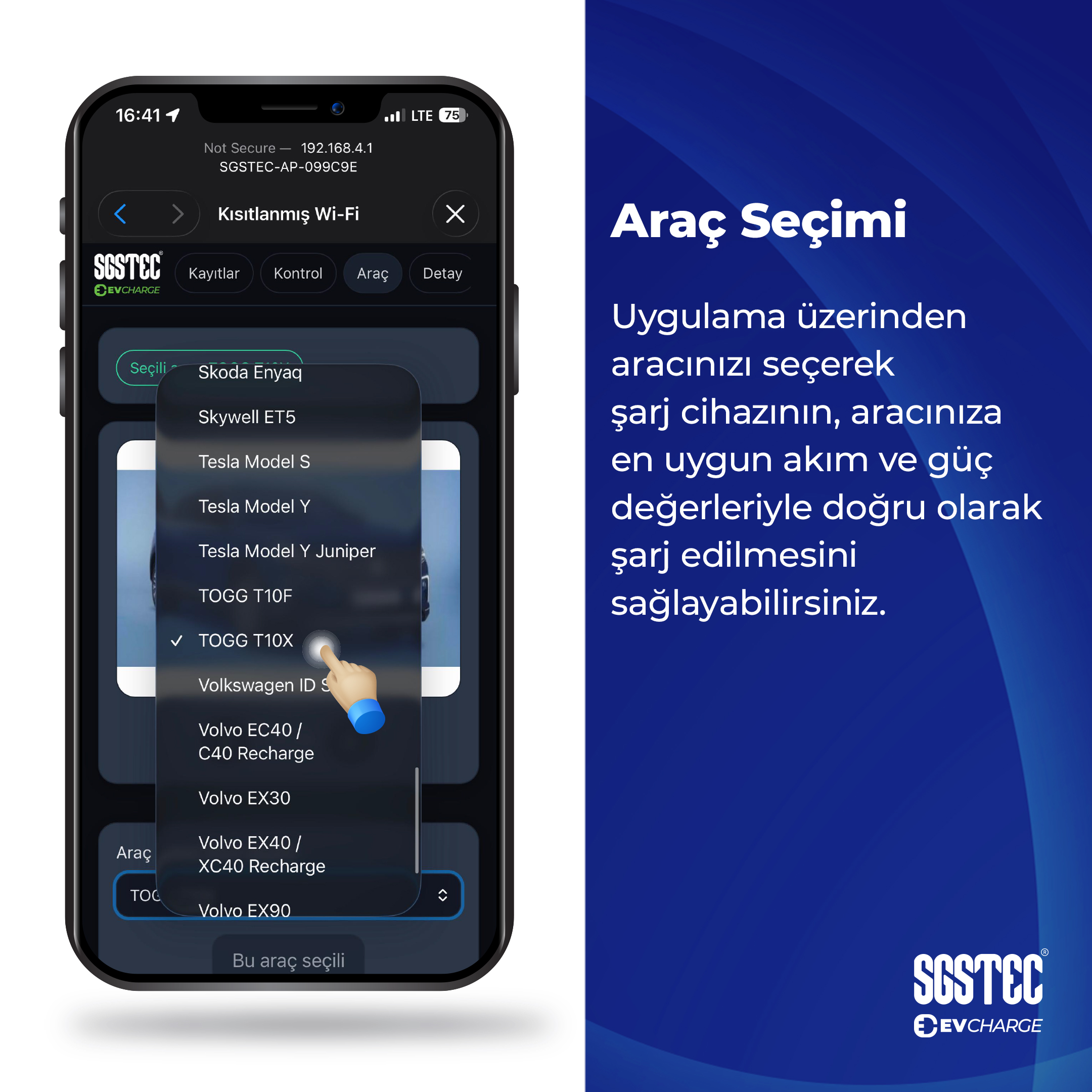Bir akıllı telefon, araç seçimi için açılır menüye sahip bir şarj uygulaması ve sağda metin gösteriyor.