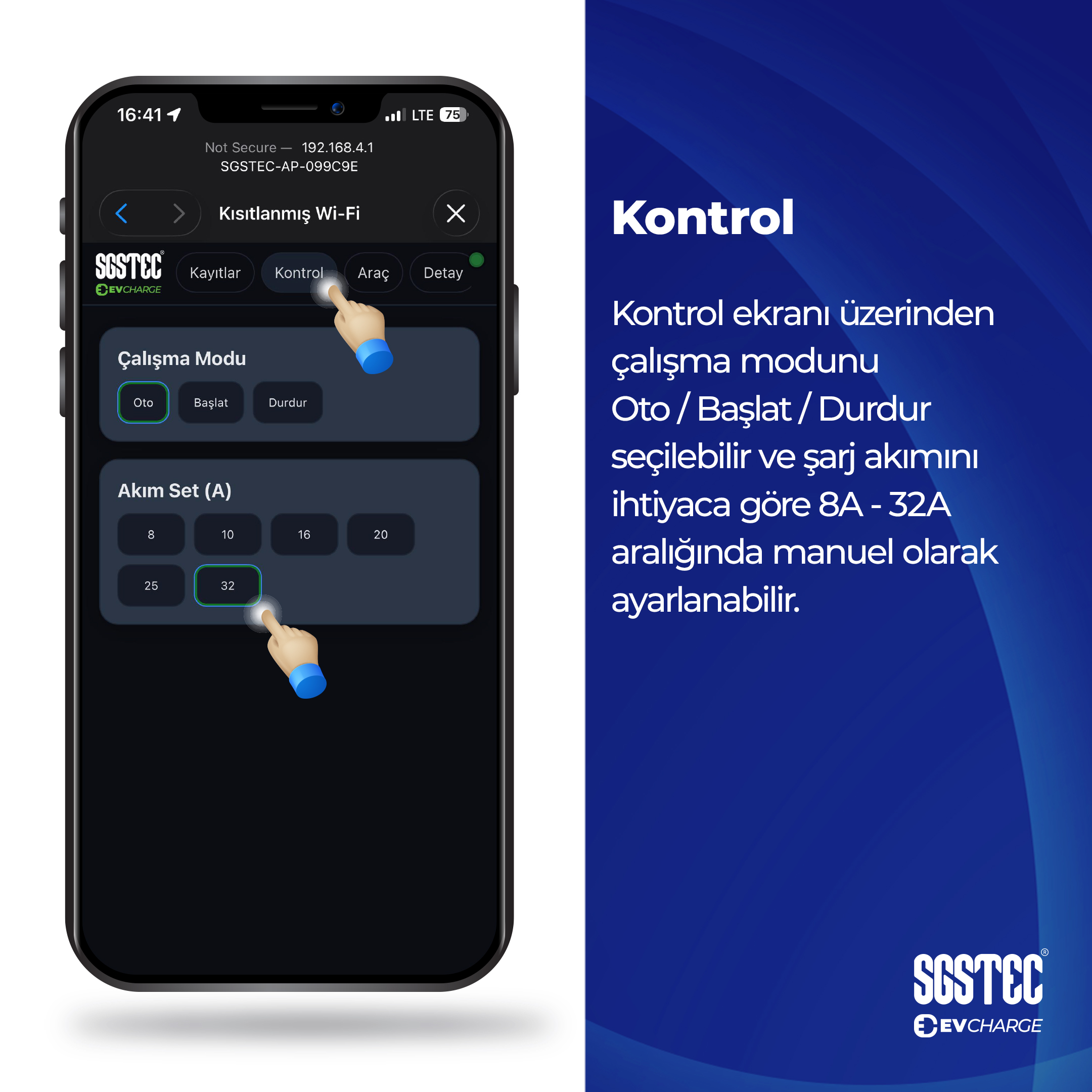 EV şarj modlarını ve akım ayarlarını gösteren akıllı telefon uygulaması.