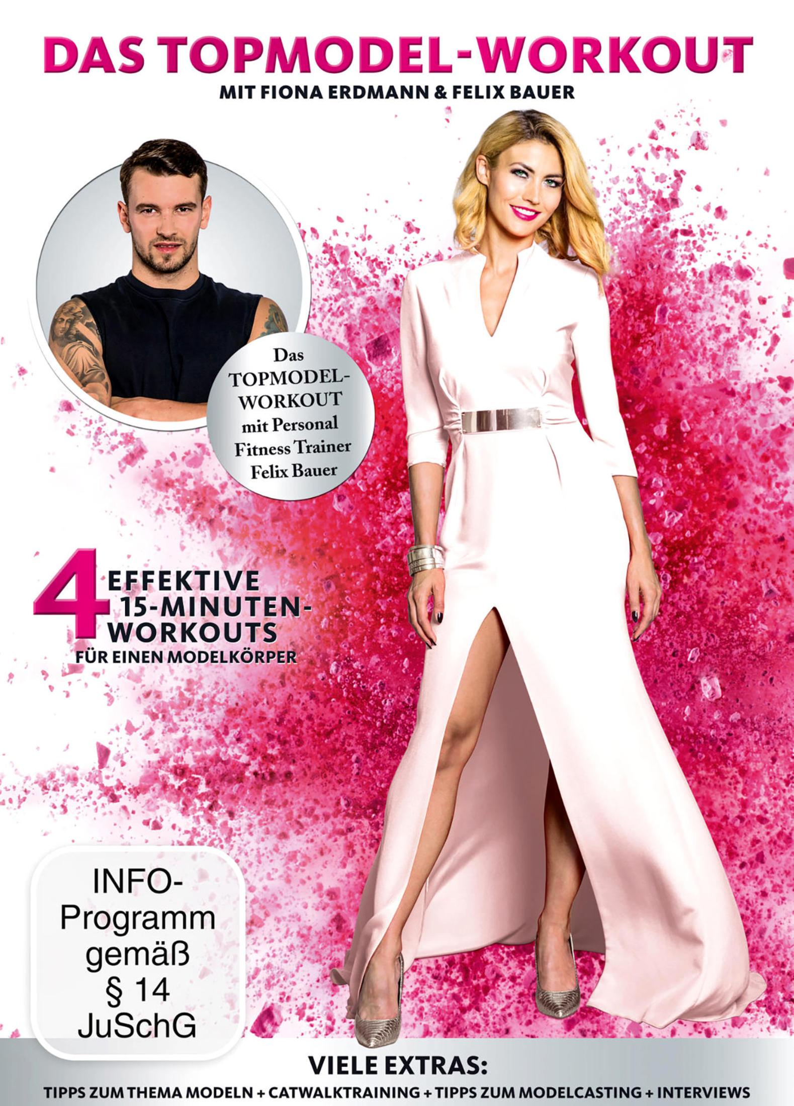 Fitness-DVD-Cover mit Model Fiona Erdmann und Trainer Felix Bauer vor pinkem Hintergrund.