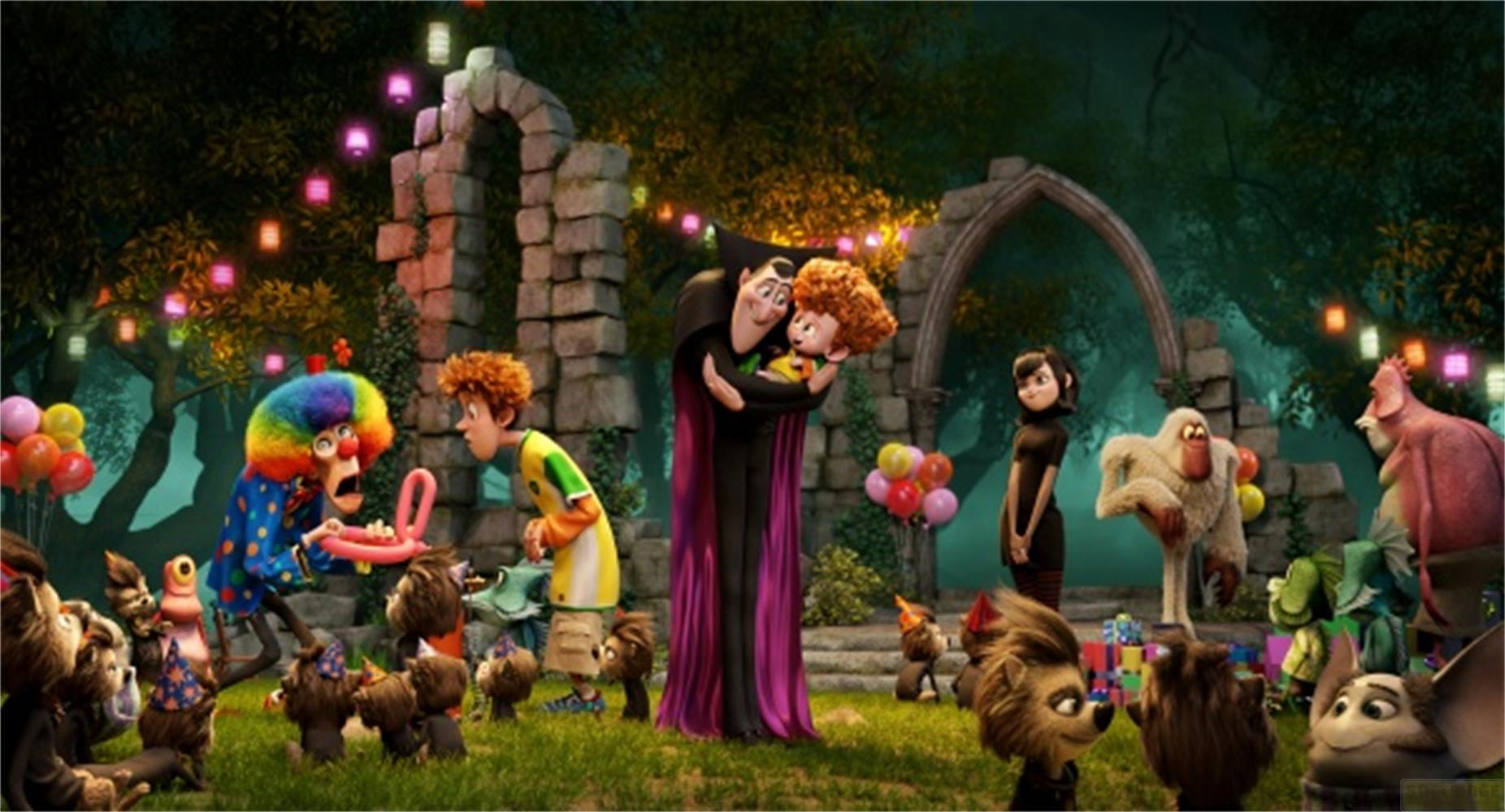 Animierte Figuren wie Dracula mit einem Kind, ein Clown und andere Monster in einem Garten.