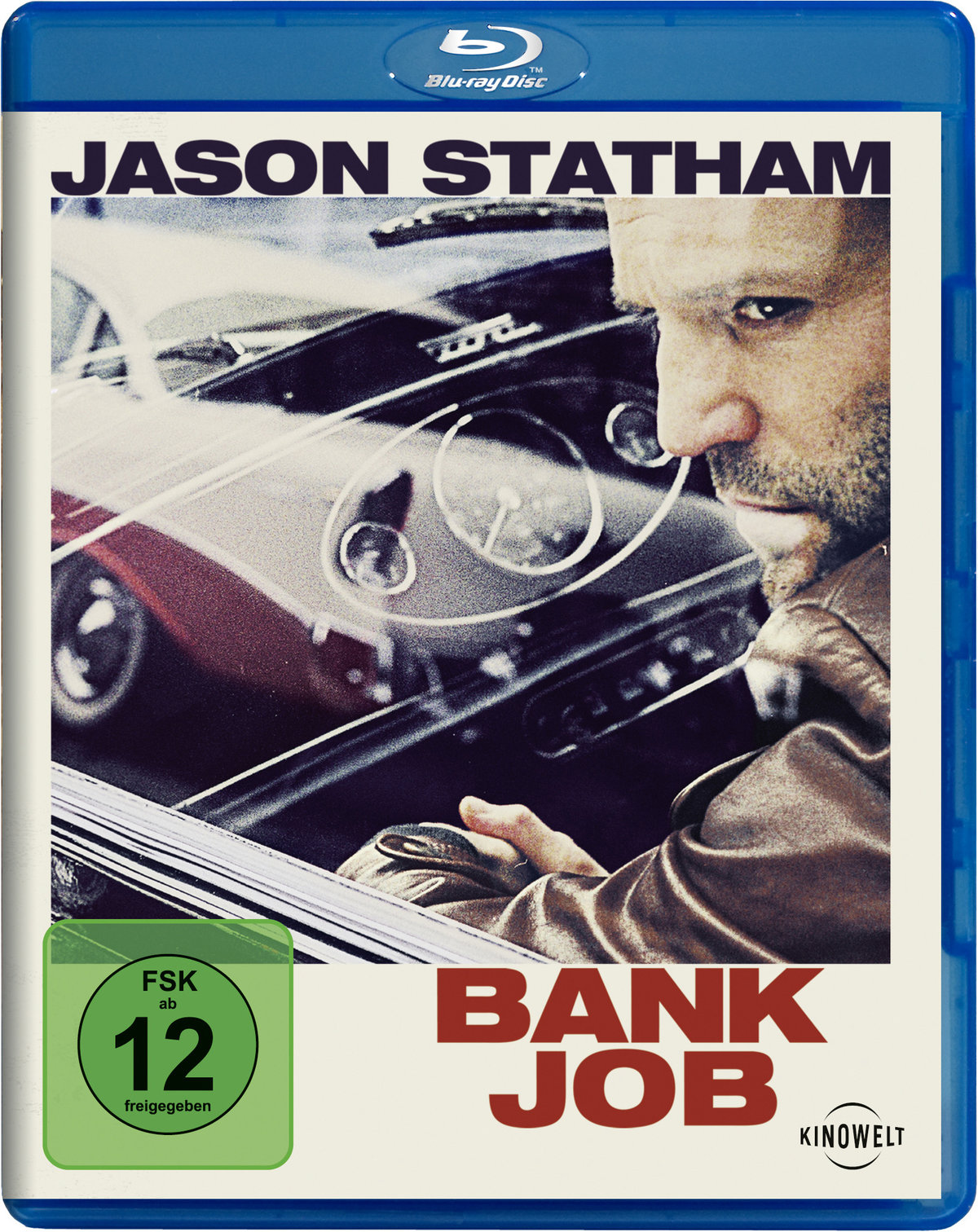 Blu-ray-Hülle des Films Bank Job mit Jason Statham vor einem Auto und einem FSK-12-Logo.