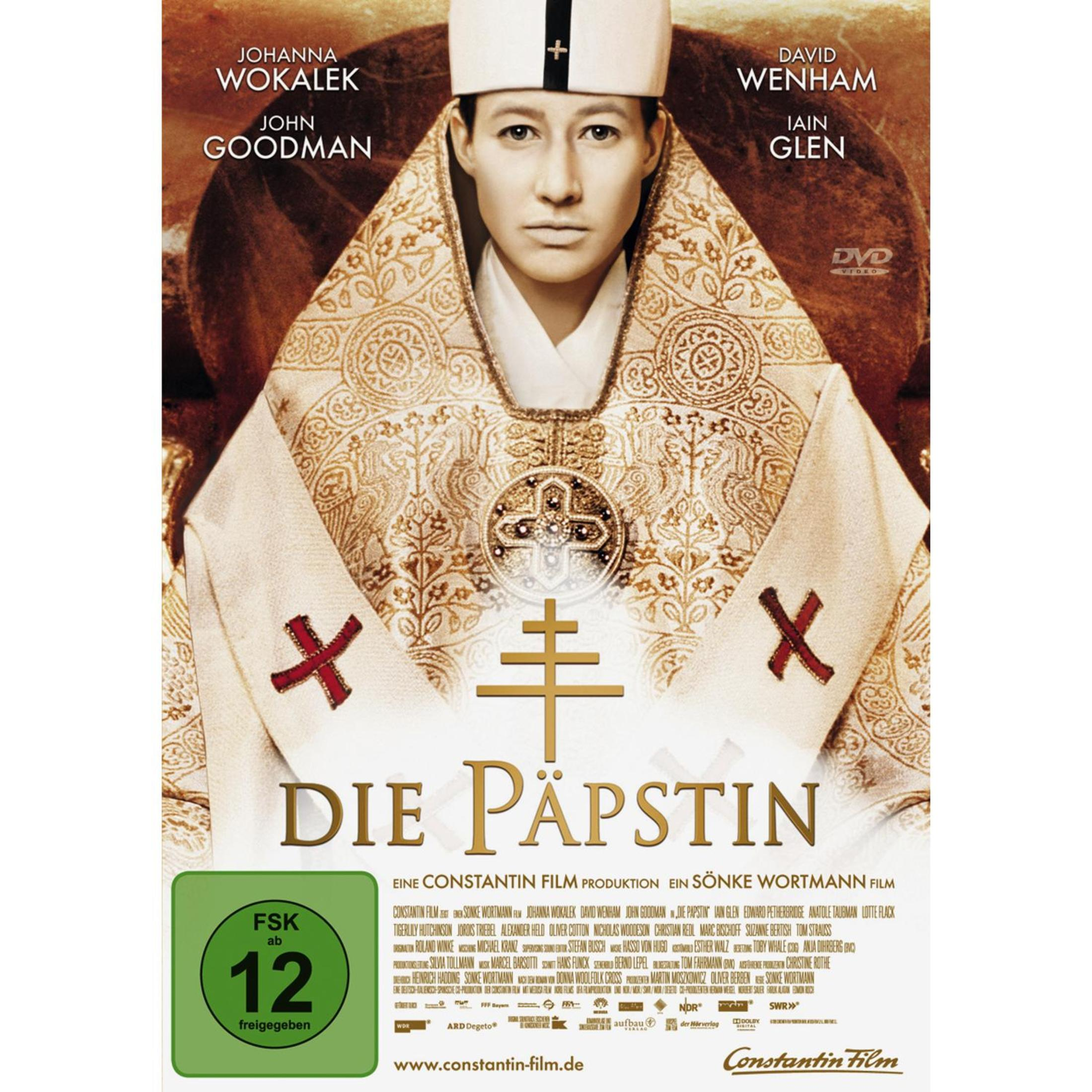 DVD-Cover von 'Die Päpstin' mit Johanna Wokalek in päpstlichen Gewändern und einer FSK-12-Kennzeichnung.